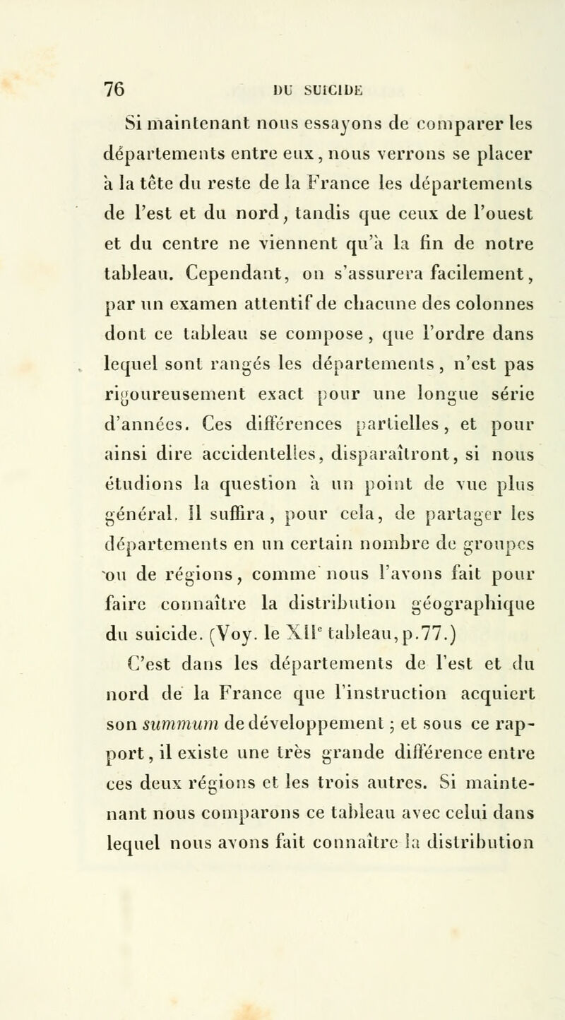 Si maintenant nous essayons de comparer les départements entre eux, nous verrons se placer a la tête du reste de la France les départements de l'est et du nord, tandis que ceux de l'ouest et du centre ne viennent qu'à la fin de notre tableau. Cependant, on s'assurera facilement, par un examen attentif de chacune des colonnes dont ce tableau se compose, que l'ordre dans lequel sont rangés les départements , n'est pas rigoureusement exact pour une longue série d'années. Ces différences partielles, et pour ainsi dire accidentelles, disparaîtront, si nous étudions la question à un point de vue plus général. 11 suffira, pour cela, de partager les départements en un certain nombre de groupes ou de régions, comme nous l'avons fait pour faire connaître la distribution géographique du suicide. (Voy. le XIIe tableau, p.77.) C'est dans les départements de l'est et du nord de la France que l'instruction acquiert son summum de développement ; et sous ce rap- port, il existe une très grande différence entre ces deux régions et les trois autres. Si mainte- nant nous comparons ce tableau avec celui dans lequel nous avons fait connaître la distribution