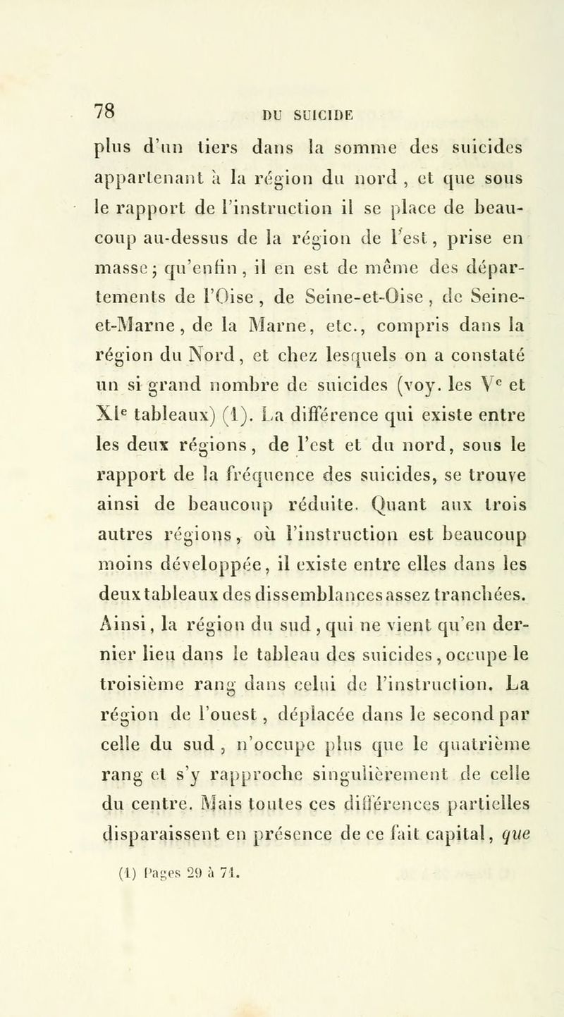 plus d'un tiers dans la somme des suicides appartenant à la région du nord , et que sous le rapport de l'instruction il se place de beau- coup au-dessus de la région de Test, prise en masse ; qu'epfin, il en est de même des dépar- tements de l'Oise , de Seine-et-Oise , de Seine- et-Marne , de la Marne, etc., compris dans la région du Nord, et chez lesquels on a constaté un si grand nombre de suicides (voy. les \ c et XIe tableaux) (1). La différence qui existe entre les deux régions, de l'est et du nord, sous le rapport de la fréquence des suicides, se trouve ainsi de beaucoup réduite. Quant aux trois autres régions, où l'instruction est beaucoup moins développée, il existe entre elles dans les deux tableaux des dissemblances assez trancbées. Ainsi, la région du sud , qui ne vient qu'en der- nier lieu dans le tableau des suicides , occupe le troisième rang dans celui de l'instruction. La région de l'ouest, déplacée dans le second par celle du sud , n'occupe plus que le quatrième rang et s'y rapproche singulièrement de celle du centre. Mais toutes ces différences partielles disparaissent en présence de ce fait capital, que