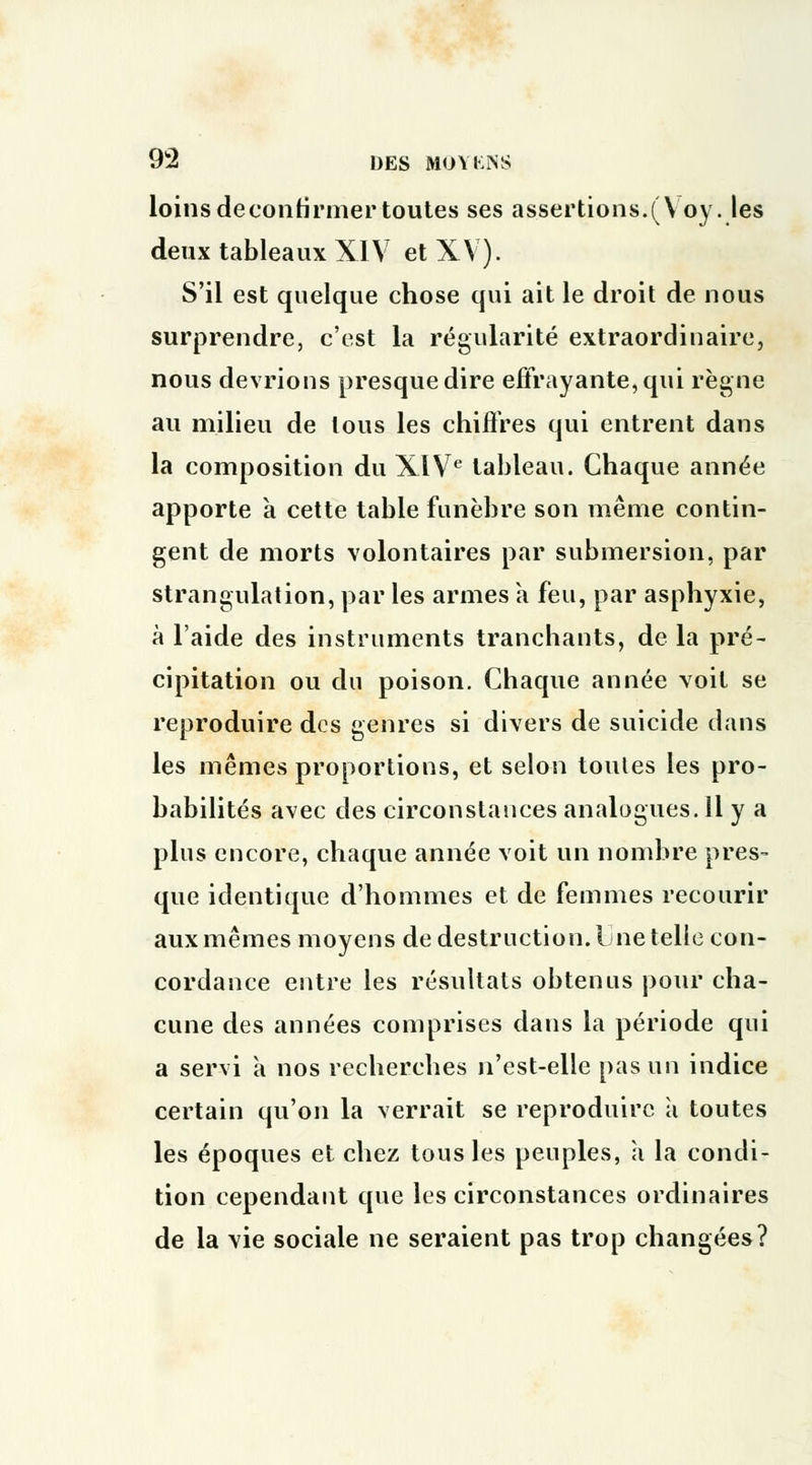loinsde confirmer toutes ses assertions. (V oy. les deux tableaux XIV et XV). S'il est quelque chose qui ait le droit de nous surprendre, c'est la régularité extraordinaire, nous devrions presque dire effrayante, qui règne au milieu de lous les chiffres qui entrent dans la composition du XIVe tableau. Chaque année apporte à cette table funèbre son même contin- gent de morts volontaires par submersion, par strangulation, par les armes a feu, par asphyxie, à l'aide des instruments tranchants, de la pré- cipitation ou du poison. Chaque année voit se reproduire des genres si divers de suicide clans les mêmes proportions, et selon toutes les pro- babilités avec des circonstances analogues, il y a plus encore, chaque année voit un nombre pres- que identique d'hommes et de femmes recourir aux mêmes moyens de destruction. I ne telle con- cordance entre les résultats obtenus pour cha- cune des années comprises dans la période qui a servi à nos recherches n'est-elle pas un indice certain qu'on la verrait se reproduire à toutes les époques et chez tous les peuples, a la condi- tion cependant que les circonstances ordinaires de la vie sociale ne seraient pas trop changées?