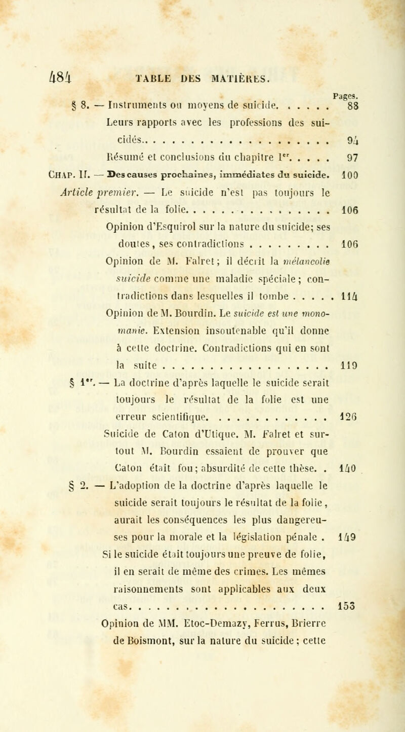 Pages. § 8. — Instruments on moyens de sui( nie 88 Leurs rapports avec les professions des sui- cidés 9!i Résumé et conclusions du chapitre 1er 97 CHAP. N. — Des causes prochaines, immédiates du suicide. 100 Article premier. — Le suicide n'est pas toujours le résultnt de la folie 106 Opinion d'Esquirol sur la nature du suicide; ses doutes, ses contradictions 106 Opinion de .M. Falret; il décrit la mélancolie suicide comme une maladie spéciale; con- tradictions dans lesquelles il tombe 1 lZi Opinion de M. Bourdin. Le suicide est une mono- manie. Extension insoutenable qu'il donne à celte doctrine. Contradictions qui en sont la suite 119 § i. — La doctrine d'après laquelle le suicide serait toujours le résultat de la folie est une erreur scientifique 126 Suicide de Caton d'Utique. M. Falret et sur- tout M. Bourdin essaient de prouver que Caton était fou; absurdité de cette thèse. . 140 §2. — L'adoption de la doctrine d'après laquelle le suicide serait toujours le résultat de la folie, aurait les conséquences les plus dangereu- ses pour la morale et la législation pénale . 149 Si le suicide était toujours une preuve de folie, il en serait de même des crimes. Les mêmes raisonnements sont applicables aux deux cas 153 Opinion de MM. Etoc-Demazy, Ferrus, Brierrc de Boismont, sur la nature du suicide ; cette