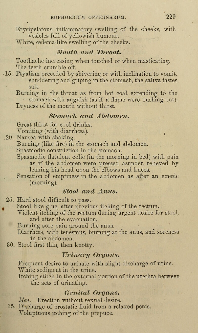 Erysipelatous, inflammatory swelling of the cheeks, with vesicles full of yellowish humour. White, cedema-like swelling of the cheeks. Mouth and Tlivoat. Toothache increasing when touched or when masticating. The teeth crumble off. -15. Ptyalism preceded by shivering or with inclination to vomit shuddering and griping in the stomach, the saliva tastes salt. Burning in the throat as from hot coal, extending to the stomach with anguish (as if a flame were rushing out). Dryness of the mouth without thirst. StomacJi and Abdomen, Great thirst for cool drinks. Vomiting (with diarrhoea). .20. Nausea with shaking. Burning (like fire) in the stomach and abdomen. Spasmodic constriction in the stomach. Spasmodic flatulent colic (in the morning in bed) with pain as if the abdomen were pressed asunder, relieved by leaning his head upon the elbows and knees. Sensation of emptiness in the abdomen as after an emetic (morning). Stool and Amis. 25. Hard stool difficult to pass. , Stool like glue, after previous itching of the rectum. Violent itching of the rectum during urgent desire for stool, and after the evacuation. Burning sore pain around the anus. Diarrhoea, with tenesmus, burning at the anus, and soreness in the abdomen. 30. Stool first thin, then knotty. Urinary Organs. Frequent desire to urinate with slight discharge of urine. White sediment in the urine. Itching stitch in the external portion of the urethra between the acts of urinating. Genital Organs. Men. Erection without sexual desire. 35. Discharge of prostatic fluid from a relaxed penis. Yoluptuous itching of the prepuce.