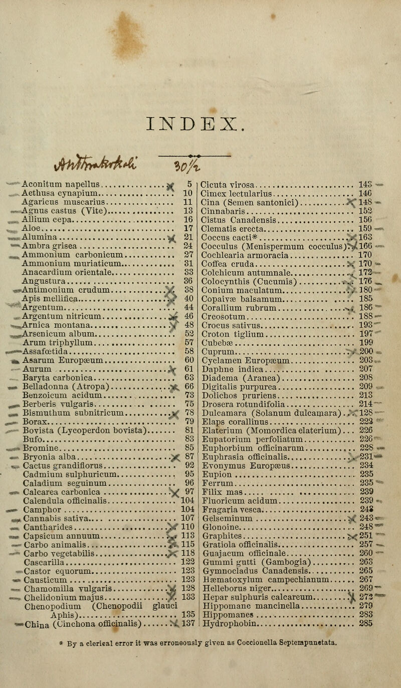 INDEX. Aconitum napellus jf 5 Aethusa cynapiuru 10 Agaricns muscarius 11 — Agnus castus (Vite) .... 13 .. Allium cepa 16 Aloe 17 —. Alumina ^ 21 —Ambra grisea 24 «^, Ammonium carbonicum 27 Ammonium muriaticum 31 Anacardium orientale 33 Angustura 36 wvAntimonium crudum SL 38 Apis mellifica *J 40 Argentum 44 , Argentum nitricum igf 46 ».„Arnica montana V 48 ^^Arsenicum album 52 Aram triphyllum 67 ~——Assafcetida 58 «h Asaram Europseum 60 Aurum Ar 61 Baryta carbonica 63 w> Belladonna (Atropa) '.i± 66 Benzoicum acidum , .'. 73 mVm Berberis vulgaris 75 „«. Bismutbum subnitricum gtf V8 ^ Boras f? 79 • Bovista (Lycoperdon bovista) 81 Bufo s 83 «*k» Bromine 85 mm Bryonia alba X 87 *- Cactus grandiflorus 92 Cadmium sulpburicum 95 Caladium seguinum 96 -«* Calcarea carbonica ^ 97 Calendula officinalis 104 —•• Camphor 104 „» Cannabis sativa 107 — Cantharides .V 110 mm Capsicum annuum £# 113 — Carbo animalis /i-115 : Carbo vegetabilis .^C 118 Cascarilla 122 —Castor equorum 123 *•» Causticum 123 —» Chamomilla vulgaris .V 128 -—> Cbelidonium majus ./?. 133 Chenopodium (Cbenopodii glaiici Aphis) 135 •■China (Cinchona officinalis) >< 137 Cicuta virosa 143 •> Cimex lectularius 146 Cina (Semen santonici) >£ 148 - Cinnabaris 152 Cistus Canadensis 156 Clematis erecta 159 « Coccus cacti* .*»< 163 Cocculus (Menispermum coccuIus)^166 • Cochlearia armoracia 170 Coffea cruda 3< 170 \ Colchicum autumnale .-^ 172 ■-■ Colocynthis (Cucumis) :•.. 176 . Conium maculatum w' 380 ■ Copaivfe balsamum. 185 Corallium rubrum >f, 186 * Creosotum 188 • Crocus sativus r. 193 Croton tiglium 197 Cubebse 199 Cuprum . 200 Cyclamen Europaeum 203* Daphne indica 207 Diadema (Aranea) 208 Digitalis purpurea 209 ■ Dolichos pruriens 213 Drosera rotundifolia 214 * Dulcamara (Solanum dulcamara)... 128 Elaps corallinus 222 Elaterium (Momordica elaterium)... 226 Eupatorium perfoliatum 226 * Euphorbium officinarnm. 228 Euphrasia officinalis f, 231« Evonymus Europseus *. 234 Eupion 235 Ferrum 235 Filix mas 239 Fluoricum acidum 239 > Fragaria vesca 243 Gelseminum yC 243 < Glonoine 248' Graphites J< 251' Gratiola officinalis 257 ■ Guajacum officinale 260 ■ Gummi gutti (Gambogia) 263 Gymnocladus Canadensis 265 Hgematoxylum campechianum 267 Helleborus niger 269 Hepar sulphuris calcareum rt 272 * Hippomane mancinella 279 Hippomanes 283 Hydrophobin 285 * By a clerical error it was erroneously given as Coccionella Septempunetata.