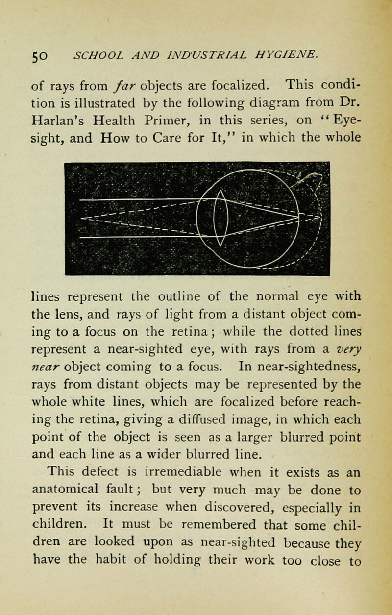 of rays from far objects are focalized. This condi- tion is illustrated by the following diagram from Dr. Harlan's Health Primer, in this series, on Eye- sight, and How to Care for It, in which the whole lines represent the outline of the normal eye with the lens, and rays of light from a distant object com- ing to a focus on the retina; while the dotted lines represent a near-sighted eye, with rays from a very near object coming to a focus. In near-sightedness, rays from distant objects may be represented by the whole white lines, which are focalized before reach- ing the retina, giving a diffused image, in which each point of the object is seen as a larger blurred point and each line as a wider blurred line. This defect is irremediable when it exists as an anatomical fault; but very much may be done to prevent its increase when discovered, especially in children. It must be remembered that some chil- dren are looked upon as near-sighted because they have the habit of holding their work too close to