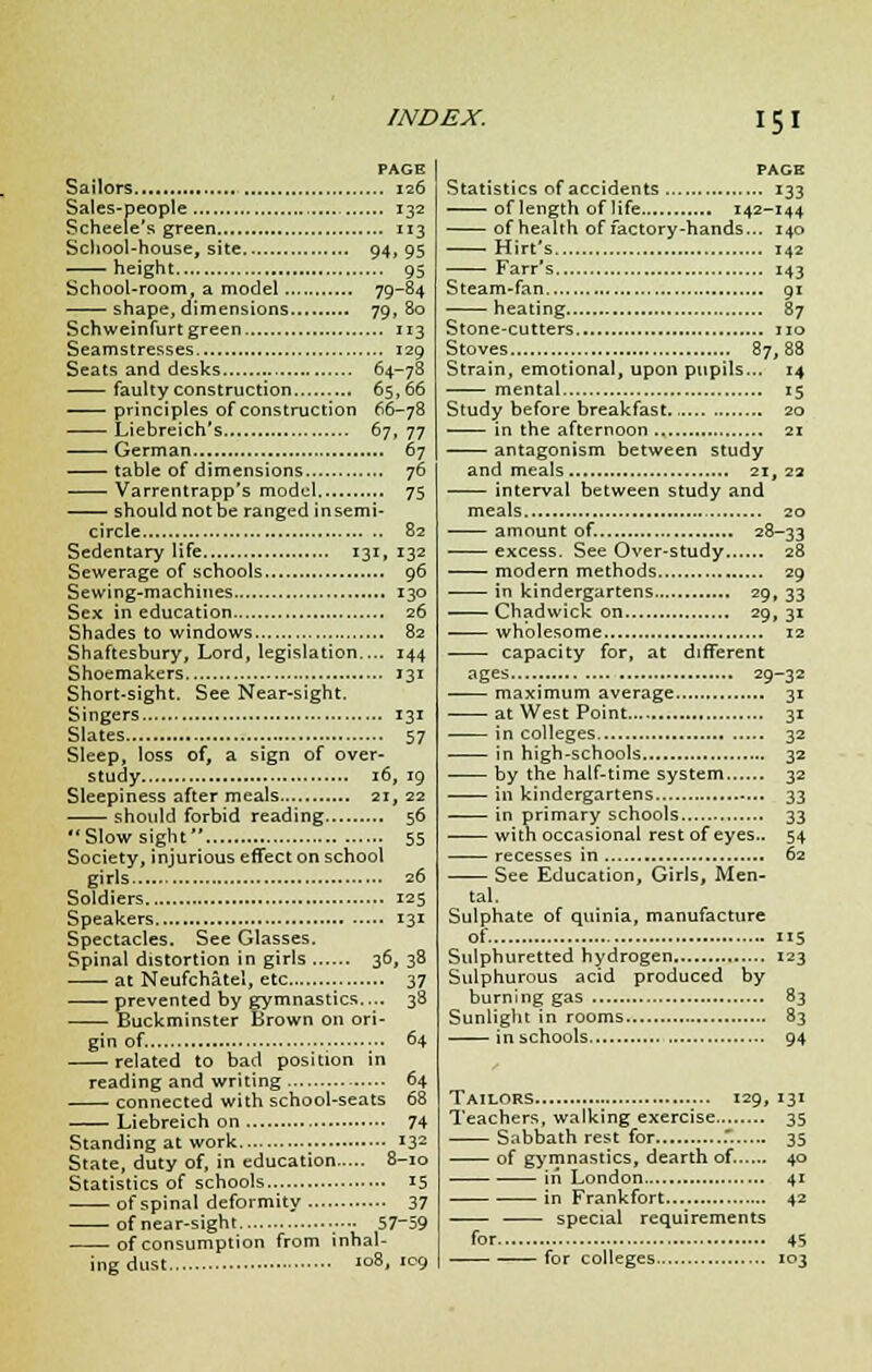 PAGE Sailors 126 Sales-people 132 Scheeie's green 113 School-house, site 94, 95 height 95 School-room, a model 79-84 shape, dimensions 79, 80 Schweinfurt green 113 Seamstresses 129 Seats and desks 64-78 faulty construction 65,66 principles of construction 66-78 Liebreich's 67, 77 German 67 table of dimensions 76 Varrentrapp's model 75 should not be ranged in semi- circle 82 Sedentary life 131, 132 Sewerage of schools 96 Sewing-machines 130 Sex in education 26 Shades to windows 82 Shaftesbury, Lord, legislation.... 144 Shoemakers 131 Short-sight. See Near-sight. Singers 131 Slates 57 Sleep, loss of, a sign of over- study 16, 19 Sleepiness after meals 21, 22 should forbid reading 56 Slow sight 55 Society, injurious effect on school girls 26 Soldiers 125 Speakers 131 Spectacles. See Glasses. Spinal distortion in girls 36, 38 at Neufchatel, etc 37 • prevented by gymnastics.... 38 Buckminster Brown on ori- gin of. 64 related to bad position in reading and writing 64 connected with school-seats 68 Liebreich on 74 Standing at work *3Z State, duty of, in education 8-10 Statistics of schools 15 of spinal deformity 37 of near-sight 57-59 of consumption from inhal- ing dust 108, lc9 PAGE Statistics of accidents 133 of length of life 142-144 of health of factory-hands... 140 Hirt's 142 Farr's 143 Steam-fan 91 heating 87 Stone-cutters no Stoves 87,88 Strain, emotional, upon pupils... 14 mental 15 Study before breakfast 20 ■ in the afternoon 21 antagonism between study and meals 21, 23 interval between study and meals 20 amount of. 28-33 excess. See Over-study 28 modern methods 29 in kindergartens 29, 33 Chadwick on 29, 31 wholesome 12 capacity for, at different ages 29-32 maximum average 31 at West Point 31 in colleges 32 in high-schools 32 by the half-time system 32 in kindergartens 33 in primary schools 33 with occasional rest of eyes.. 54 recesses in 62 See Education, Girls, Men- tal. Sulphate of quinia, manufacture of. 115 Sulphuretted hydrogen 123 Sulphurous acid produced by burning gas 83 Sunlight in rooms 83 inschools 94 Tailors 129, 131 Teachers, walking exercise 35 Sabbath rest for .. 35 of gymnastics, dearth of. 40 iii London 41 in Frankfort 42 special requirements for 45 for colleges 103