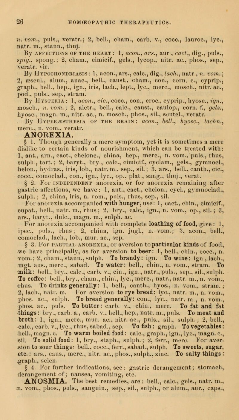 n. vom., puis., veratr.; 2, bell., cham., carb. v., cocc, lauroc, lye, natr. m., stann., thuj. By affections of the heart : 1, aeon., ars., aur , cact., dig., puis., spig., spong.; 2, cham., cimicif., gels., lycop., nitr. ac, phos., sep., veratr. vir. By Hypochondriasis : 1, aeon., ars., cale., dig., lach., natr., n. vom.] 2, sescul., alum., anac., bell., caust., cham., con., corn, c, cyprip., graph., hell., hep., ign., iris, lach., lept., lye, mere, mosch., nitr. ae, pod., puis., sep., stram. By Hysteria: 1, aeon., etc., cocc, con., croc, cyprip., hyose, ign., mosch., n. vom.; 2, aletr., bell., calc, caust., caulop., corn, f., gels., hyose, magn. m., nitr. ae, n. mosch., phos., sil., scutel., veratr. By Hyperesthesia of the brain: aeon., bell., hyose, lachn., mere, n. vom., veratr. ANOREXIA. § 1. Though generally a mere symptom, yet it is sometimes a mere dislike to certain kinds of nourishment, which can be treated with: 1, ant., arn., cact., cheione, china, hep., mere, n. vom., puis., rhus, sulph , tart.; 2, baryt., bry., cale, cimicif., cyclam., gels., gymnocl., helon., hydras., iris, lob., natr. m., sep., sil.; 3, ars., bell., canth., cie, cocc, comoclad., con., ign., lye, op., plat., sang., thuj., verat. § 2. For independent anorexia, or for anorexia remaining after gastric affections, we have: 1, ant., cact., chelon., cycl., gymnoclad., sulph.; 2, china, iris, n. vom., puis., rhus, sep., sil. For anorexia accompanied with hunger, use: 1, cact., chin., cimicif., eupat., hell., natr. m., rhus; 2, bry., cale, ign., n. vom., op., sil.; 3, ars., baryt., dule, magn. m., sulph. ac. For anorexia accompanied with complete loathing of food, give : 1, ipee, puis., rhus; 2, china, ign. jugl., n. vom.; 3, aeon., bell., comoclad., lach., lob., mur. ae, sep. § 3. For partial anorexia, or aversion to particular kinds of food, we have principally, as for aversion to beer: 1, bell., chin., cocc, n. vom.; 2, cham., stann., sulph. To brandy: ign. To wine: ign , lach., mgt. aus., mere, sabad. To water: bell., chin., n. vom., stram. To milk: bell., bry., cale, carb. v., cin., ign., natr., puis., sep., sil., sulph. To coffee: bell., bry., cham., chin., lye, mere, natr., natr. m.,n. vom., -rhus. To drinks generally: 1, bell., canth., hyos., n. vom., stram.; 2, lach., natr. m. For aversion to rye bread: lye, natr. m., n. vom., phos. ae, sulph. To bread generally: con., lye, natr. m., n. vom., phos. ae, puis. To butter: carb. v., chin., mere To fat and fat things: bry., carb. a., carb. v., hell., hep., natr. m., puis. To meat and broth: 1, ign., mere, mur. ae, nitr. ae, puis., sil., sulph.; 2, bell., cale, carb. v., lye, rhus, sabad., sep. To fish : graph. To vegetables: hell., magn. e To warm boiled food: cale, graph., ign., lye, magn. e, sil. To solid food: 1, bry., staph., sulph.; 2, ferr., mere. For aver- sion to sour things: bell., cocc, ferr., sabad., sulph. To sweets, sugar, etc.: ars.. caus., mere, nitr. ae, phos., sulph., zinc. To salty things : .graph., selen. § 4. For further indications, see : gastric derangement; stomach, derangement of; nausea, vomiting, etc. ANOSMIA. The best remedies, are: bell., cale, gels., natr. m., n. vom., phos., puis., sanguin., sep., sil., sulph., or alum., aur., caps.,