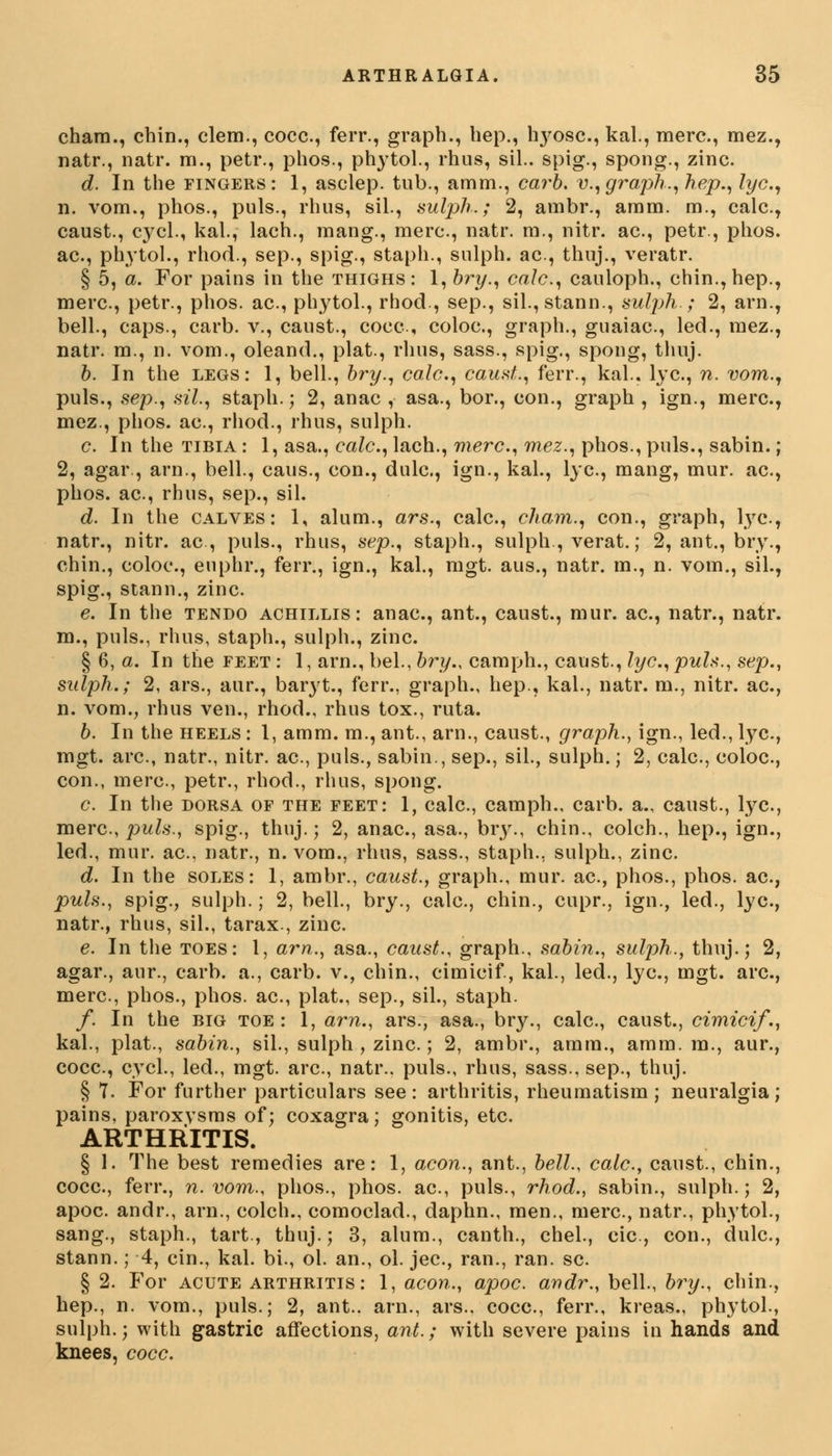 cham., chin., clem., cocc, ferr., graph., hep., hyosc, kal., mere, mez., natr., natr. m., petr., phos., phytol., rhus, sil.. spig., spong., zinc. d. In the fingers: 1, asclep. tub., amm., carb. v.,graph., hep., lye, n. vom., phos., puis., rhus, sil., sulph.; 2, ambr., amm. m., calc, caust., cycl., kal., lach., mang., mere, natr. m., nitr. ac, petr., phos. ac, phytol., rhod., sep., spig., staph., sulph. ac, thnj., veratr. § 5, a. For pains in the thighs: 1, bry., calc, cauloph., chin., hep., mere, petr., phos. ac, phytol., rhod., sep., sil.,stann., sulph.; 2, arn., bell., caps., carb. v., caust., cocc, coloc, graph., guaiac, led., mez., natr. m., n. vom., oleand., plat., rhus, sass., spig., spong, thnj. b. In the legs: 1, bell., bry., calc, caust., ferr., kal.. lye, n. vom., puis., sep., sil, staph.; 2, anac , asa., bor., con., graph , ign., mere, mez., phos. ac, rhod., rhus, sulph. c. In the tibia : 1, asa., calc, lach., mere, mez., phos., puis., sabin.; 2, agar., arn., bell., caus., con., dulc, ign., kal., lye, mang, mur. ac, phos. ac, rhus, sep., sil. d. In the calves: 1, alum., ars., calc, cham., con., graph, lye., natr., nitr. ae, puis., rhus, sep., staph., sulph, verat.; 2, ant., bry., chin., coloe, euphr., ferr., ign., kal., mgt. aus., natr. m., n. vom., sil., spig., stann., zinc e. In the tendo achillis : anae, ant., caust., mur. ac, natr., natr. m., puis., rhus, staph., sulph., zinc. § 6, a. In the feet : 1, arn., bel., bry., camph., caust., lye, puis., sep., sulph.; 2, ars., aur., baryt., ferr., graph., hep., kal., natr. m., nitr. ae, n. vom., rhus ven., rhod., rhus tox., ruta. 6. In the heels : 1, amm. m., ant., arn., caust., graph., ign., led., lye, mgt. are, natr., nitr. ae, puis., sabin., sep., sil., sulph.; 2, calc, coloc, con., mere, petr., rhod., rhus, spong. c In the dorsa of the feet: 1, calc, camph., carb. a., caust., lye, mere, puis., spig., thuj.j 2, anae, asa., bry., chin., colch., hep., ign., led., mur. ae, natr., n. vom., rhus, sass., staph., sulph., zinc d. In the soles: 1, ambr., caust., graph., mur. ac, phos., phos. ae, puis., spig., sulph.; 2, bell., bry., calc, chin., cupr., ign., led., lye, natr., rhus, sil., tarax., zinc. e. In the toes: 1, am., asa., caust., graph., sabin., sulph., thuj.; 2, agar., aur., carb. a., carb. v., chin., cimicif., kal., led., lye, mgt. are, mere, phos., phos. ae, plat., sep., sil., staph. f. In the big toe : 1, am., ars., asa., bry., calc, caust., cimicif., kal., plat., sabin., sil., sulph , zinc.; 2, ambr., amm., amm. in., aur., cocc, cycl., led., mgt. arc, natr.. puis., rhus, sass., sep., thuj. § 7. For further particulars see: arthritis, rheumatism; neuralgia; pains, paroxysms of; coxagra; gonitis, etc. ARTHRITIS. § 1. The best remedies are: 1, aeon., ant., bell., calc, caust., chin., cocc, ferr., n. vom., phos., phos. ae, puis., rhod., sabin., sulph.; 2, apoe andr., arn., colch., comoclad., daphn., men., mere, natr., phytol., sang., staph., tart., thuj.; 3, alum., canth., chel., cic, con., dulc, stann.; 4, cin., kal. bi., ol. an., ol. jee, ran., ran. se § 2. For acute arthritis: 1, aeon., apoc. andr., bell., bry., chin., hep., n. vom., puis.; 2, ant., arn., ars., cocc, ferr., kreas., phytol., sulph.; with gastric affections, ant.; with severe pains in hands and knees, cocc