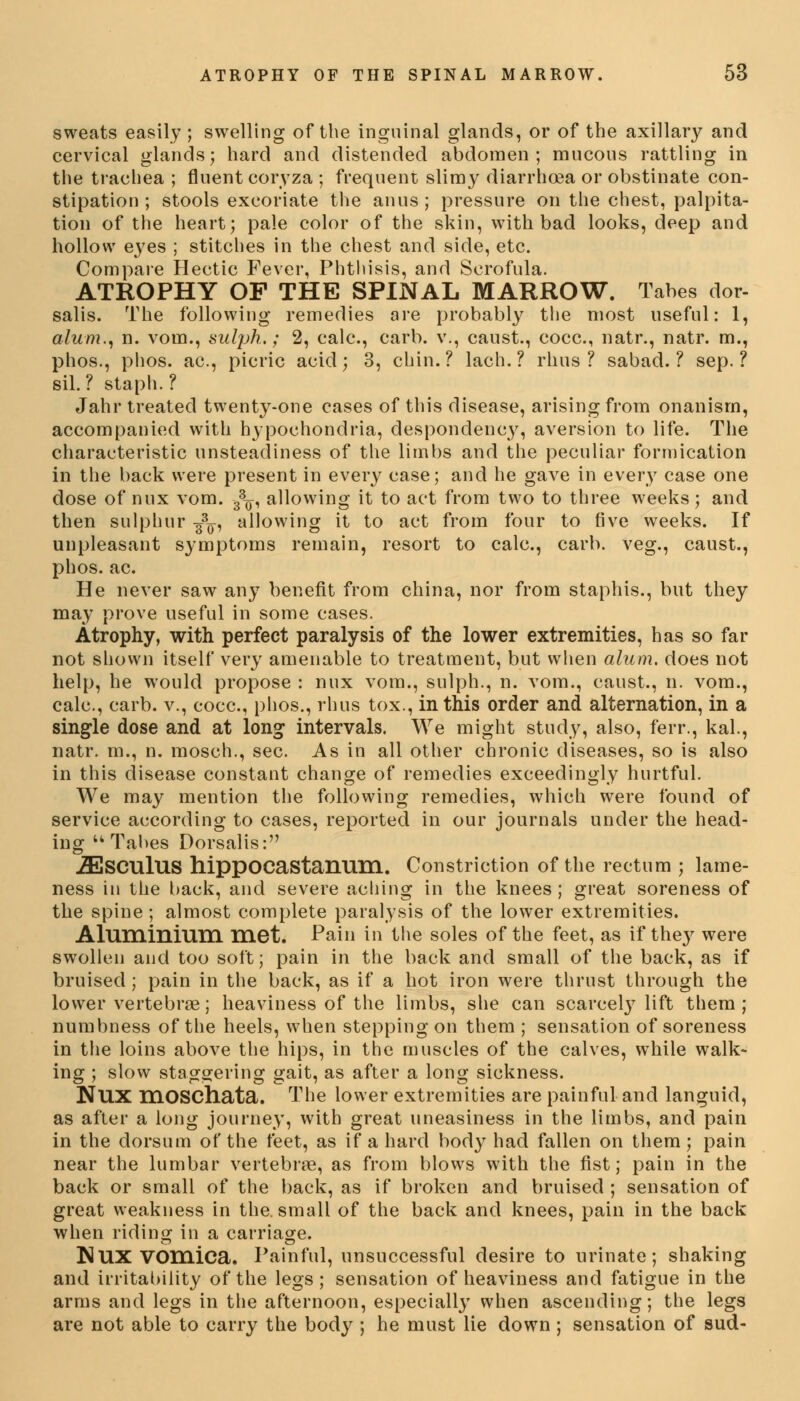 sweats easily ; swelling of the inguinal glands, or of the axillary and cervical glands; hard and distended abdomen; mucous rattling in the trachea ; fluent coryza ; frequent slimy diarrhoea or obstinate con- stipation ; stools excoriate the anus ; pressure on the chest, palpita- tion of the heart; pale color of the skin, with bad looks, deep and hollow eyes ; stitches in the chest and side, etc. Compare Hectic Fever, Phthisis, and Scrofula. ATROPHY OF THE SPINAL MARROW. Tabes dor- salis. The following remedies are probably the most useful: 1, alum., n. vom., sulph.; 2, calc, carb. v., caust., cocc, natr., natr. m., phos., phos. ac, picric acid; 3, chin.? lach. ? rhus? sabad. ? sep. ? sil. ? staph. ? Jahr treated twenty-one cases of this disease, arising from onanism, accompanied with hypochondria, desponclene}', aversion to life. The characteristic unsteadiness of the limbs and the peculiar formication in the back were present in every case; and he gave in every case one dose of mix vom. 33¥, allowing it to act from two to three weeks; and then sulphur -g3^, allowing it to act from four to five weeks. If unpleasant symptoms remain, resort to calc, carb. veg., caust., phos. ac. He never saw any benefit from china, nor from staphis., but they may prove useful in some cases. Atrophy, with perfect paralysis of the lower extremities, has so far not shown itself very amenable to treatment, but when alum, does not help, he would propose : mix vom., sulph., n. vom., caust., n. vom., calc, carb. v., cocc, phos., rhus tox., in this order and alternation, in a single dose and at long intervals. We might study, also, ferr., kal., natr. m., n. mosch., sec. As in all other chronic diseases, so is also in this disease constant change of remedies exceedingly hurtful. We may mention the following remedies, which were found of service according to cases, reported in our journals under the head- ing u Tabes Dorsalis: iEsculUS hippocastamim. Constriction of the rectum ; lame- ness in the back, and severe aching in the knees ; great soreness of the spine; almost complete paralysis of the lower extremities. Aluminium met. Pain in the soles of the feet, as if the}' were swollen and too soft; pain in the back and small of the back, as if bruised; pain in the back, as if a hot iron were thrust through the lower vertebra?; heaviness of the limbs, she can scarcely lift them; numbness of the heels, when stepping on them ; sensation of soreness in the loins above the hips, in the muscles of the calves, while walk- ing ; slow staggering gait, as after a long sickness. NUX mOSChata. The lower extremities are painful and languid, as after a long journey, with great uneasiness in the limbs, and pain in the dorsum of the feet, as if a hard body had fallen on them; pain near the lumbar vertebrae, as from blows with the fist; pain in the back or small of the back, as if broken and bruised ; sensation of great weakness in the. small of the back and knees, pain in the back when riding in a carriage. NUX vomica. Painful, unsuccessful desire to urinate; shaking and irritability of the legs; sensation of heaviness and fatigue in the arms and legs in the afternoon, especially when ascending; the legs are not able to carry the body ; he must lie down ; sensation of sud-