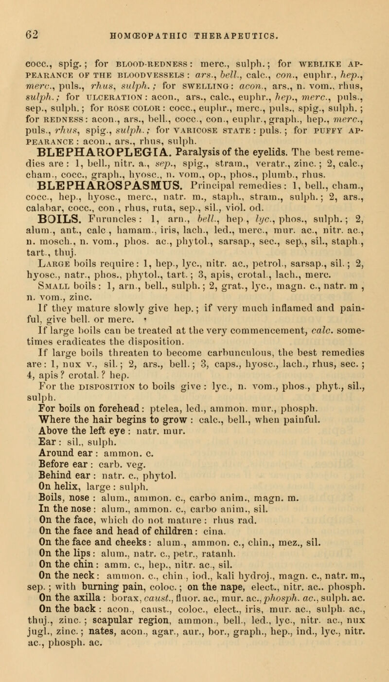 cocc, spig.; for blood-redness : mere, sulph.; for weblike ap pearance of the bloodvessels : ars., bell, calc, con., euphr., hep. mere*., puis., rhus, sulph.; for swelling: aeon., ars., n. vom., rhus sulph.; for ulceration : aeon., ars., calc., euphr., hep., mere., puis, sep., sulph.; for rose color: cocc, euphr., mere, puis., spig., sulph. for redness: aeon., ars., bell., cocc, con., euphr., graph., hep., mere. puis., rhus, spig., sulph.; for varicose state : puis.; for puffy ap pearance : aeon., ars., rhus, sulph. BLEPHAROPLEGIA. Paralysis of the eyelids. The bestreme dies are : 1, bell., nitr. a., sep., spig., strain., veratr., zinc ; 2, calc cham., cocc, graph., hyosc., n. vom., op., phos., plumb., rhus. BLE PHAROS PASMUS. Principal remedies: 1, bell., cham. cocc, hep., hyosc, mere, natr. m., staph., strain., sulph.; 2, ars. calabar, cocc, con., rhus, ruta, sep., sil., viol, od. BOILS. Furuncles: 1, am., bell., hep, lye., phos., sulph.; 2 alum., ant., calc , hamam., iris, lach., led., mere, mur. ae, nitr. ac n. mosch., n. vom., phos. ac, phytol., sarsap., sec, sep., sil., staph tart., thuj. Large boils require: 1, hep., lye, nitr. ac, petrol., sarsap., sil.; 2 hyosc, natr., phos., phytol., tart.; 3, apis, crotal., lach., mere Small boils: 1, arm, bell., sulph.; 2, grat., lye, magn. e, natr. m n. vom., zinc. If they mature slowly give hep.; if very much inflamed and pain- ful, give bell, or mere i If large boils can be treated at the very commencement, calc. some- times eradicates the disposition. If large boils threaten to become carbunculous, the best remedies are: 1, nux v., sil.; 2, ars., bell.; 3, caps., lryose, lach., rhus, sec. ; 4, apis ? crotal. ? hep. For the disposition to boils give : lye, n. vom., phos., phyt., sil., sulph. For boils on forehead: ptelea, led., ammon. mur., phosph. Where the hair begins to grow : calc, bell., when painful. Above the left eye : natr. mur. Ear: sil., sulph. Around ear : ammon. e Before ear : carb. veg. Behind ear : natr. e, phytol. On helix, large : sulph. Boils, nose : alum., ammon. c, carbo anim., magn. m. In the nose : alum., ammon. e, carbo anim., sil. On the face, which do not mature : rhus rad. On the face and head of children: cina. On the face and cheeks: alum., ammon. c, chin., mez., sil. On the lips: alum., natr. e, petr., ratanh. On the chin: amm. e, hep., nitr. ac, sil. On the neck: ammon. e, chin., iod., kali hydroj., magn. c, natr. m., sep.; with burning pain, coloc ; on the nape, elect., nitr. ae. phosph. On the axilla : borax, caust., fluor. ae, mur. ae, phosph. ac., sulph. ac. On the back: aeon., caust., coloc, elect., iris, mur. ae, sulph. ae, thuj., zinc. ; scapular region, ammon., bell., led., lye, nitr. ae, nux jugl., zinc; nates, aeon., agar., aur., bor., graph., hep., ind., lye, nitr. ae, phosph. ac.