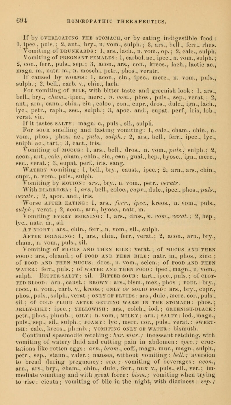 If by overloading the stomach, or by eating indigestible food : 1, ipec, puis. ; 2, ant., bry., n. vom., sulph.; 3, ars., bell, ferr., rhns. Vomiting of drunkards : 1, ars., lach., n. vom., op.; 2, calc, sulph. Vomiting of pregnant females : 1, carbol. ac., ipec., n. vom., sulph.; 2, con., ferr., puis., sep.; 3, aeon., ars., con., kreos., lach., lactic ac, rnagn. m., natr. m., n. mosch., petr., phos., veratr. If caused by worms: 1, aeon., cin., ipec, mere, n. vom., puis., sulph.; 2, bell., carb. v., chin., lach. For vomiting of bile, with bitter taste and greenish look: 1, ars., bell., bry., cham., ipec, mere, n. vom., phos, puis., sep., verat.; 2, ant., arm, cann., chin., cin., coloc , con., cupr., dros., dulc, ign., lach., lye, petr., raph., sec, sulph.; 3, apoc. and., eupat. perf., iris, lob., verat. vir. If it tastes salty: magn. c, puis , sil., sulph. For sour smelling and tasting vomiting: 1, calc, cham., chin., n. vom., phos., phos. ac, puis., sulph.; 2, ars., bell., ferr., ipec, lye, sulph. ac, tart.; 3, cact., iris. Vomiting of mucus: 1, ars., bell., dros., n. vom., pids., sulph.; 2, aeon., ant., calc, cham., chin., cin., c#n., guai., hep., hyose, ign., mere, sec, verat.; 3, eupat. perf., iris, sang. Watery vomiting: 1, bell., bry., canst., ipec; 2, arn., ars., chin., cupr., n. vom., puis., sulph. Vomiting by motion: ars., bry., n. vom., petr., veralr. With diarrhoea: 1, ars., bell., coloc, cupr., dulc, ipec, phos.,puis., veratr.; 2, apoc. and., iris. Worse after eating: 1, ars., ferr., ipec., kreos., n. vom., puis., sulph., verat.; 2, aeon., am., hyose, natr. m. Vomiting every morning: 1, ars., dros., n. vom., verat.; 2, hep., lye, natr. m., sil. At night: ars., chin., ferr., n. vom., sil., sulph. After drinking: 1, ars., chin., ferr., verat.; 2, aeon., am., bry., cham., n. vom., puis., sil. Vomiting of mucus and then bile: verat.; of mucus and then food: ars., oleand.; of food and then bile: natr. m., phos., zinc; of food and then mucus: dros., ii. vom., selen.; of food and then water: ferr., puis.; of water and then food : ipec , magn., n. vom., sulph. Bitter-salty: sil. Bitter-sour: tart., ipec, puis.; of clot- ted blood : arn , caust.; brown: ars., bism., me?., phos ; foul: bry., coce, n. vom., carb. v., kreos.; only of solid food: ars., bry., cupr., phos., puis., sulph., verat.; only of fluids: ars., dulc, mere cor., puis., sil.; of cold fluid after getting warm in the stomach : phos.; jelly-like: ipec; yellowish: ars., colch., iod.; greenish-black: petr., phos., plumb.; oily : n. vom.; milky : arn.; salty : iod., magn., puis., sep., sil., sulph.; foamy: lye, mere cor., puis., verat.: sweet- ish: calc, kreos., plumb.; vomiting only of water: bismuth. Continual spasmodic retching: bar. mur.; incessant retching, with vomiting of watery fluid and cutting pain in abdomen: ipec; eruc- tations like rotten eggs: am., brom., coff., magn. mur., magn., sulph., petr, sep., stann., valer.; nausea, without vomiting: bell.; aversion to bread during pregnancy: sep.; vomiting of beverages: aeon., arn., ars., bry., chain., chin., dulc, ferr., mix v., puis., sil., ver.; im- mediate vomiting and with great force: bism.; vomiting when trying to rise: cicuta; vomiting of bile in the night, with dizziness : sep.;