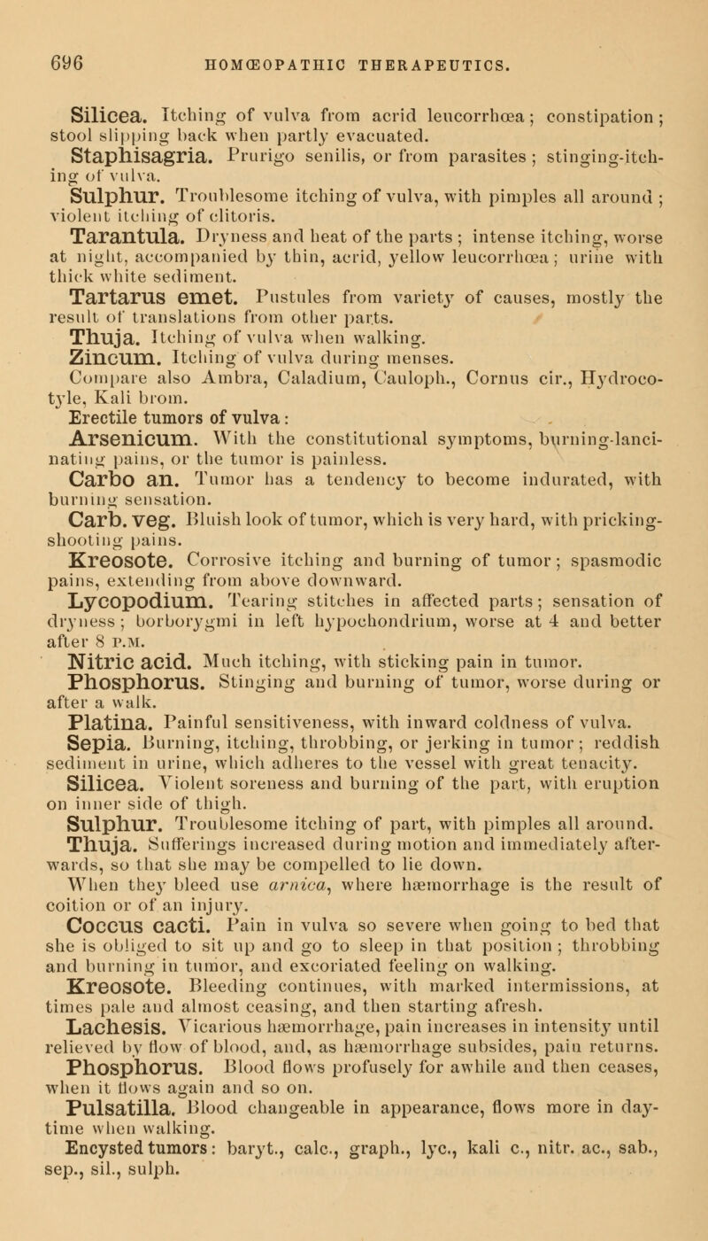 Silicea. Itching of vulva from acrid leucorrhcea; constipation ; stool slipping back when partly evacuated. Staphisagria. Prurigo senilis, or from parasites ; stinging-itch- ing of vulva. Sulphur. Troublesome itching of vulva, with pimples all around ; violent itching of clitoris. Tarantula. Dryness and heat of the parts ; intense itching, worse at night, accompanied bj' thin, acrid, yellow leucorrhcea; urine with thick white sediment. Tartarus emet. Pustules from variety of causes, mostly the result of translations from other parts. Thuja. Itching of vulva when walking. Zincum. Itching of vulva during menses. Compare also Ambra, Caladium, Cauloph., Cornus cir., Hydroco- t}'le, Kali brom. Erectile tumors of vulva: Arsenicum. With the constitutional symptoms, burning-lanci- nating pains, or the tumor is painless. Carbo an. Tumor has a tendency to become indurated, with burning sensation. Carb. veg. Bluish look of tumor, which is very hard, with pricking- shooting pains. KreoSOte. Corrosive itching and burning of tumor; spasmodic pains, extending from above downward. LyCOpodium. Tearing stitches in affected parts; sensation of dryness ; borborygmi in left hypochondrium, worse at 4 and better after 8 p.m. Nitric acid. Much itching, with sticking pain in tumor. Phosphorus. Stinging and burning of tumor, worse during or after a walk. Platina. Painful sensitiveness, with inward coldness of vulva. Sepia. Burning, itching, throbbing, or jerking in tumor; reddish sediment in urine, which adheres to the vessel with great tenacity. Silicea. Violent soreness and burning of the part, with eruption on inner side of thigh. Sulphur. Troublesome itching of part, with pimples all around. Thuja. Sufferings increased during motion and immediately after- wards, so that she may be compelled to lie down. When the}' bleed use arnica, where haemorrhage is the result of coition or of an injury. COCCUS Cacti. Pain in vulva so severe when going to bed that she is obliged to sit up and go to sleep in that position ; throbbing and burning in tumor, and excoriated feeling on walking. KreoSOte. Bleeding continues, with marked intermissions, at times pale and almost ceasing, and then starting afresh. Lachesis. Vicarious haemorrhage, pain increases in intensity until relieved by flow of blood, and, as haemorrhage subsides, pain returns. Phosphorus. Blood flows profusely for awhile and then ceases, when it flows again and so on. Pulsatilla. Blood changeable in appearance, flows more in day- time when walking. Encysted tumors: baryt., calc, graph., lye, kali c, nitr. ac, sab., sep., sil., sulph.