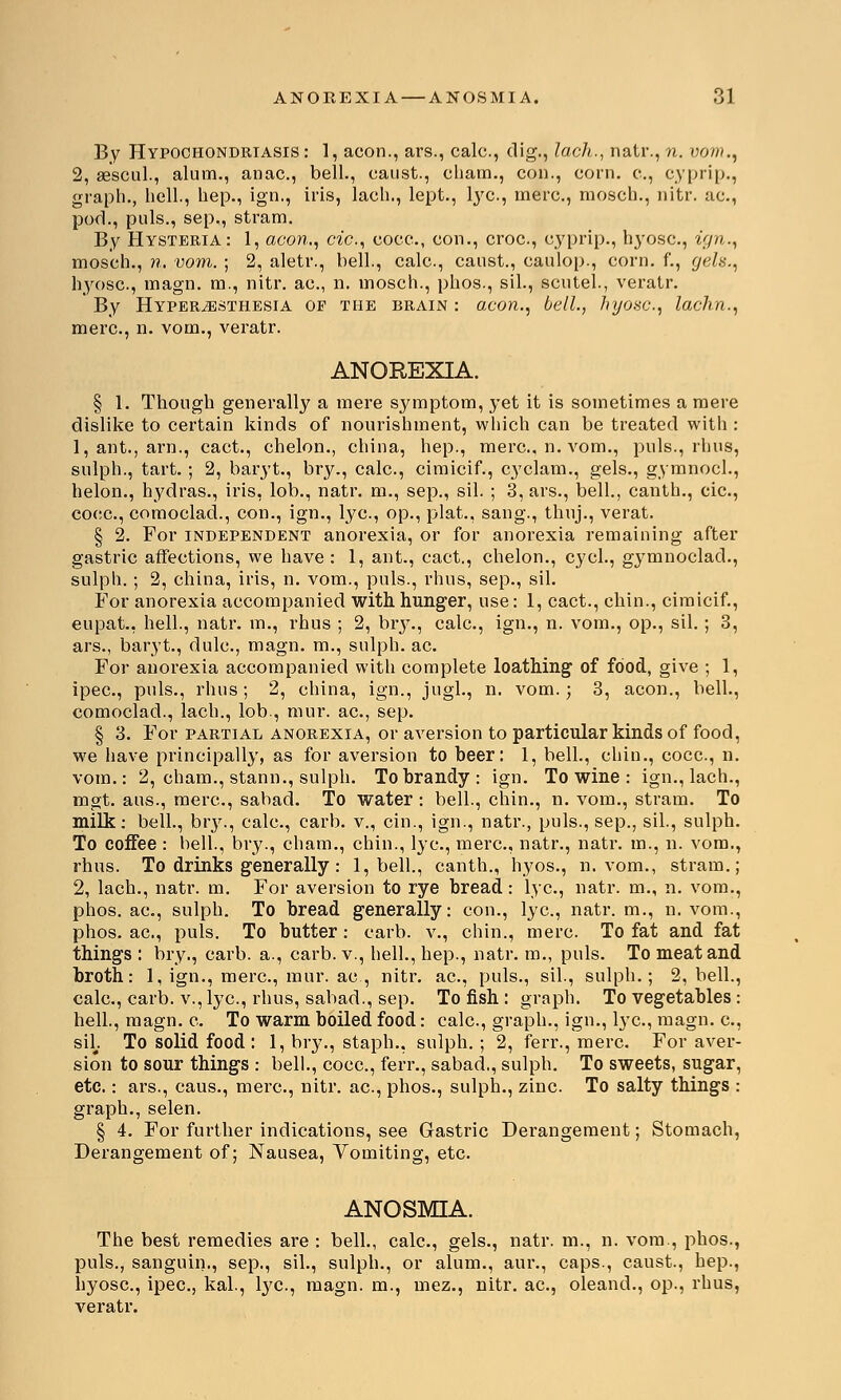 By Hypochondriasis : 1, aeon., ars., calc, dig., lack., natr., n. vom., 2, sescul., alum., anae, bell., eaust., eham., con., corn, e., cyprip., graph., hell., hep., ign., iris, lach., lept., lye, mere, mosch., nitr. ae., pod., puis., sep,, stram. By Hysteria: 1, aeon., cic, cocc., eon., croc., cyprip., hyosc, ign., mosch., n, vom. ; 2, aletr., bell., calc, canst., caulop., corn, f., gels., hyosc, magn. m., nitr. ac, n. mosch., phos., sil., scutel., veratr. By Hyperesthesia OF the brain : aeon., bell., hyosc., lachn., mere, n. vom., veratr. ANOREXIA. § 1. Though generally a mere symptom, yet it is sometimes a mere dislike to certain kinds of nourishment, which can be treated with : 1, ant., arm, cact., chelon., china, hep., mere, n. vom., puis., rhus, sulph., tart. ; 2, baryt., bry., calc, cimicif., cyclam., gels., gymnocl., helon., hydras., iris, lob., natr. m., sep., sil. ; 3, ars., bell., canth., cic, cocc, comoclad., con., ign., lye, op., plat., sang., thuj., verat. § 2. For independent anorexia, or for anorexia remaining after gastric affections, we have: 1, ant., cact., chelon., cyel., gymnoclad., sulph.; 2, china, iris, n. vom., puis., rhus, sep., sil. For anorexia accompanied with hunger, use: 1, cact., chin., cimicif., eupat., hell., natr. m., rhus ; 2, bry., calc, ign., n. vom., op., sil.; 3, ars., baryt., dule, magn. m., sulph. ae For anorexia accompanied with complete loathing of food, give ; 1, ipee, puis., rhus; 2, china, ign., jugl., n. vom.; 3, aeon., bell., comoclad., lach., lob., mur. ae, sep. § 3. For partial anorexia, or aversion to particular kinds of food, we have principally, as for aversion to beer: 1, bell., chin., cocc, n. vom.: 2, cham., stann., sulph. To brandy: ign. To wine : ign., lach., mgt. aus., mere, sabad. To water : bell., chin., n. vom., stram. To milk: bell., bry., calc, carb. v., cin., ign., natr., puis., sep., sil., sulph. To coffee : bell., bry., cham., chin., lye, mere, natr., natr. in., n. vom., rhus. To drinks generally: 1, bell., canth., hyos., n. vom., stram.; 2, lach., natr. m. For aversion to rye bread: lye, natr. m., n. vom., phos. ae, sulph. To bread generally: con., lye, natr. m., n. vom., phos. ae, puis. To butter: carb. v., chin., mere To fat and fat things : bry., carb. a., carb. v., hell., hep., natr. m., puis. To meat and broth: 1, ign., mere, mur. ac, nitr. ae, puis., sil., sulph.; 2, bell., calc, carb. v., lye, rhus, sabad., sep. To fish : graph. To vegetables : hell, magn. e To warm boiled food: calc, graph., ign., lye, magn. c, sib To solid food: 1, bry., staph., sulph. ; 2, ferr., mere For aver- sion to sour things : bell., cocc, ferr., sabad., sulph. To sweets, sugar, etc.: ars., caus., mere, nitr. ae, phos., sulph., zinc. To salty things : graph., selen. § 4. For further indications, see Gastric Derangement; Stomach, Derangement of; Nausea, Vomiting, etc. ANOSMIA. The best remedies are : bell., calc, gels., natr. m., n. vom., phos., puis., sanguim, sep., sil., sulph., or alum., aur., caps., caust., hep., hyosc, ipee, kal., lye, magn. m., mez., nitr. ae, oleand., op., rhus, veratr.