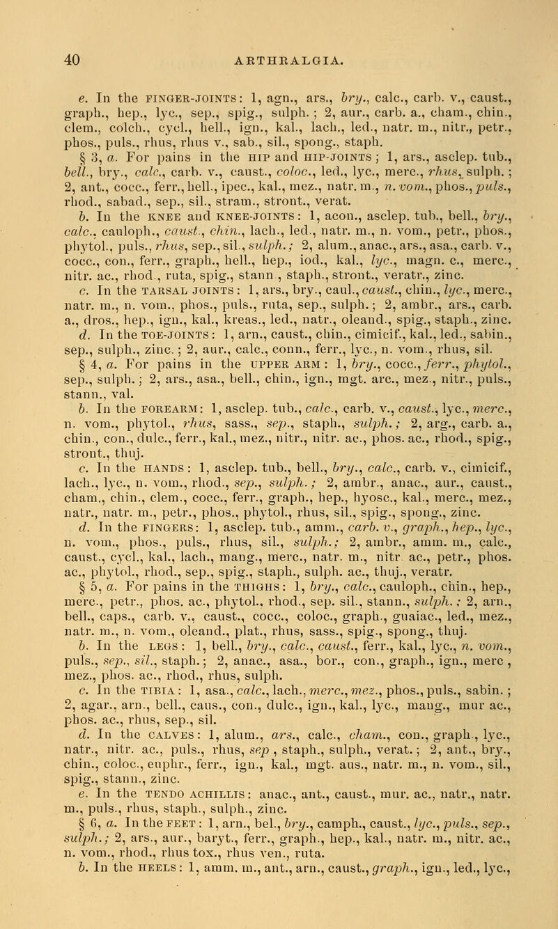 e. In the finger-joints : 1, agn., ars., bry., calc, carb. v., caust., graph., hep., lye., sep., spig., sulph. ; 2, aur., carb. a., cham., chin., clem., colch., cycl., hell., ign., kal., lach., led., natr. m., nitr., petr.. phos., puis., rhus, rhus v., sab., sil., spong., staph. § 3, a. For pains in the hip and hip-joints ; 1, ars., asclep. tub., bell., bry., calc, carb. v., caust., coloe, led., lye, mere, rhus,_ sulph. ; 2, ant., coce, ferr., hell., ipee, kal., mez., natr. m., n.vom., phos., puis., rhod., sabad., sep., sil, strain., stront., verat. b. In the knee and knee-joints: 1, aeon., asclep. tub., bell., bry., calc, cauloph., caust., chin., lach., led., natr. m., n. vom., petr., phos., phytol., puis., rhus, sep., sil., sulph.; 2, alum., anac.,ars., asa., carl), v., coca, con., ferr., graph., hell., hep., iod., kal., lye, magn. e, mere, nitr. ae, rhod., ruta, spig., stann., staph., stront., veratr., zinc. c. In the tarsal joints : 1, ars., bry., caul., caust., chin., lye, mere, natr. m., n. vom., phos., puis., ruta, sep., sulph.; 2, ambr., ars., carb. a., dros., hep., ign., kal., kreas., led., natr., oleand., spig., staph., zinc. d. In the toe-joints : 1, arn., caust., chin., cimicif., kal., led., sabin., sep., sulph., zinc.; 2, aur., calc, conn., ferr., lye, n. vom., rhus, sil. § 4, a. For pains in the upper arm : 1, bry., coce, ferr., phytol., sep., sulph.; 2, ars., asa., bell., chin., ign., mgt. are, mez., nitr., puis., stann., val. b. In the forearm: 1, asclep. tub., calc, carb. v., caust., lye,mere, n. vom., phytol., rhus, sass., sep., staph., sulph.; 2, arg., carb. a., chin., con., clule, ferr., kal., mez., nitr., nitr. ae, phos. ae, rhod., spig., stront., thuj. c. In the hands : 1, asclep. tub., bell., bry., calc, carb. v., cimicif., lach., lye, n. vom., rhod., sep., sulph.; 2, ambr., anae, aur., caust., cham., chin., clem., coce, ferr., graph., hep., hyose, kal., mere, mez., natr., natr. m., petr., phos., phytol., rhus, sil., spig., spong., zinc. d. In the fingers: 1, asclep. tub., amm., carb. v., graph., hep., lye, n. vom., phos., puis., rhus, sil., sulph.; 2, ambr., amm. m., cale, caust., cycl., kal., lach., mang., mere, natr. m., nitr. ae, petr., phos. ae, phytol., rhod., sep., spig., staph., sulph. ae, thuj., veratr. § 5, a. For pains in the thighs: 1, bry., calc, cauloph., chin., hep., mere, petr., phos. ae, phytol.. rhod., sep. sil., stann., sulph.; 2, arn., bell., caps., carb. v., caust., coce, coloe, graph., guaiae, led., mez., natr. m., n. vom., oleand., plat., rhus, sass., spig., spong., thuj. b. In the legs : 1, bell., bry., calc, caust., ferr., kal., lye, n. vom., puis., sep., sil., staph.; 2, anae, asa., bor., con., graph., ign., mere , mez., phos. ae, rhod., rhus, sulph. e In the tibia: 1, asa., calc, lach., mere,mez., phos.,puis., sabin. ; 2, agar., arn., bell., caus., con., dule, ign., kal., lye, mang., mur ae, phos. ae, rhus, sep., sil. d. In the calves: 1, alum., ars., calc, cham., con., graph., lye, natr., nitr. ae, puis., rhus, sep , staph., sulph., verat.; 2, ant., bry., chin., coloe, euphr., ferr., ign., kal., mgt. aus., natr. m., n. vom., sil., spig., stann., zinc. e. In the tendo achillis : anae, ant., caust., mur. ae, natr., natr. m., puis., rhus, staph., sulph., zinc. § 6, a. In the feet : 1, arn., bel., bry., cam ph., caust., lye, puis., sep., sulph.; 2, ars., aur., baryt., ferr., graph., hep., kal., natr. m., nitr. ae, n. vom., rhod., rhus tox., rhus ven., ruta. b. In the heels : 1, amm. m., ant., arn., caust., graph., ign., led., lye,