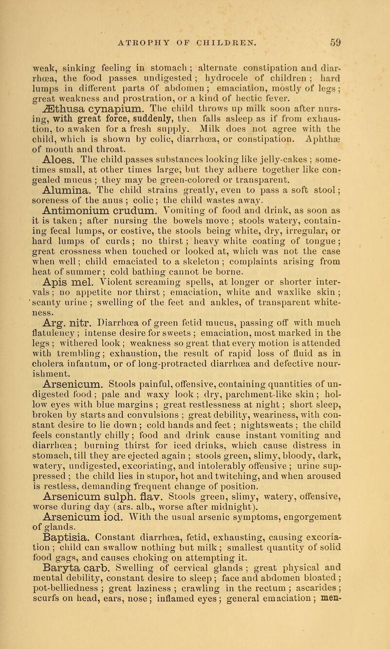 weak, sinking feeling in stomach ; alternate constipation and diar- rhoea, the food passes undigested; hydrocele of children ; hard lumps in different parts Of abdomen ; emaciation, mostly of legs ; great weakness and prostration, or a kind of hectic fever. .JEthusa cynapium. The child throws up milk soon after nurs- ing, with great force, suddenly, then falls asleep as if from exhaus- tion, to awaken for a fresh supply. Milk does not agree with the child, which is shown by colic, diarrhoea, or constipation. Aphthse of mouth and throat. Aloes. The child passes substances looking like jelly-cakes ; some- times small, at other times large, but they adhere together like con- gealed mucus ; they may be green-colored or transparent. Alumina. The child strains greatly, even to pass a soft stool; soreness of the anus ; colic; the child wastes away. Antimonium crudum. Vomiting of food and drink, as soon as it is taken ; after nursing the bowels move ; stools watery, contain- ing fecal lumps, or costive, the stools being white, dry, irregular, or hard lumps of curds; no thirst; heavy white coating of tongue; great crossness when touched or looked at, which was not the case when well; child emaciated to a skeleton ; complaints arising from heat of summer; cold bathing cannot be borne. Apis niel. Violent screaming spells, at longer or shorter inter- vals ; no appetite nor thirst ; emaciation, white and waxlike skin ; 'scanty urine ; swelling of the feet and ankles, of transparent white- ness. Arg. nitr. Diarrhoea of green fetid mucus, passing off with much flatulency; intense desire for sweets ; emaciation, most marked in the legs ; withered look ; weakness so great that every motion is attended with trembling; exhaustion, the result of rapid loss of fluid as in cholera infantum, or of long-protracted diarrhoea and defective nour- ishment. Arsenicum. Stools painful, offensive, containing quantities of un- digested food ; pale and waxy look ; dry, parchment-like skin; hol- low eyes with blue margins ; great I'estlessness at night; short sleep, broken by starts and convulsions ; great debilitv, weariness, with con- stant desire to lie down ; cold hands and feet; nightsweats ; the child feels constantly chilly; food and drink cause instant vomiting and diarrhoea; burning thirst for iced drinks, which cause distress in stomach, till they are ejected again ; stools green, slimy, bloody, dark, watery, undigested, excoriating, and intolerably offensive ; urine sup- pressed ; the child lies in stupor, hot and twitching, and when aroused is restless, demanding frequent change of position. Arsenicum sulph. flav. Stools green, slimy, watery, offensive, worse during day (ars. alb., worse after midnight). Arsenicum iod. With the usual arsenic symptoms, engorgement of glands. Baptisia. Constant diarrhoea, fetid, exhausting, causing excoria- tion ; child can swallow nothing but milk ; smallest quantity of solid food gags, and causes choking on attempting it. Baryta carb. Swelling of cervical glands ; great physical and mental debility, constant desire to sleep ; face and abdomen bloated ; pot-belliedness ; great laziness ; crawling in the rectum ; ascarides ; scurfs on head, ears, nose; inflamed eyes; general emaciation; men-