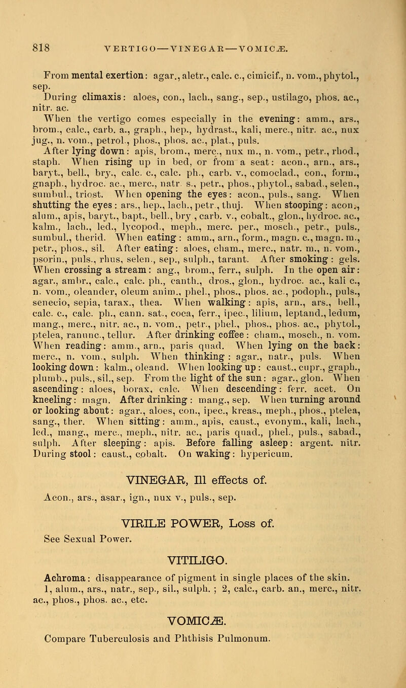From mental exertion: agar., aletr., calc. c, cimicif., n. vom., phytol., sep. During climaxis: aloes, con., lach., sang., sep., ustilago, phos. ac., nitr. ac. When the vertigo comes especially in the evening: amm., ars., brom., calc, carb. a., graph., hep., bvdrast., kali, mere, nitr. ac, mix jug., n. vom., petrol., phos., phos. ac, plat., puis. After lying down: apis, brom., mere, nux m., n. vom., petr., rhod., staph. When rising up in bed, or from a seat: aeon., am., ars., baryt., bell., bry., calc. c, calc. ph., carb. v., comoclad., con., form., gnaph., hydroc ac, mere, natr. s., petr., phos., phj'tol., sabad., selen., sumbul., triost. When opening the eyes: aeon., puis., sang. When shutting the eyes : ars., hep., lach., petr , thuj. When stooping: aeon;., alum., apis, baryt., bapt., bell., bry , carb. v., cobalt., glon., hydroc ac, kalm., lach., led., lycopod., meph., mere per., mosch., petr., puis., sumbul., therid. When eating : amm., arn., form., magn. e, magn. ra., petr., phos., sil. After eating: aloes, cham., mere, natr. m., n. vom., psorin., puis., rhus, selen., sep., sulph., tarant. After smoking: gels. When crossing a stream: ang., brom., ferr., sulph. In the open air: agar., ambr., calc, calc. ph., canth., dros., glon., hydroc. ac, kali e, n. vom., oleander, oleum anim., phel., phos., phos. ac., podoph., puis., senecio, sepia, tarax., thea. When walking: apis, arn., ars., hell., calc. c, calc. ph., cann. sat., coca, ferr., ipec, lilium, leptand., ledum, mang., mere, nitr. ac, n. vom., petr., phel., phos., phos. ac, phytol., ptelea, ranune, tellur. After drinking coffee : cham., mosch., n. vom. When reading: amm., arn., paris quad. When lying on the back: mere, n. vom., sulph. When thinking : agar., natr., puis. When looking down: kalm., oleand. When looking up : caust., cupr., graph., plumb., puis., sil., sep. From the light of the sun: agar., glon. When ascending: aloes, borax, calc When descending: ferr. acet. On kneeling: magn. After drinking : mang., sep. When turning around or looking about: agar., aloes, con., ipec, kreas., meph., phos., ptelea, sang., ther. When sitting: amm., apis, caust., evonym., kali, lach., led., mang., mere, meph., nitr. ac, paris quad., phel., puis., sabad., sulph. After sleeping: apis. Before falling asleep: argent, nitr. During stool: caust., cobalt. On waking: hypericum. VINEGAR, 111 effects of. Aeon., ars., asar., ign., nux v., puis., sep. VIRILE POWER, Loss of. See Sexual Power. VITILIGO. Achroma: disappearance of pigment in single places of the skin. 1, alum., ars., natr., sep., sil., sulph. ; 2, calc, carb. an., mere, nitr. ac, phos., phos. ac, etc VOMICA. Compare Tuberculosis and Phthisis Pulmonum.