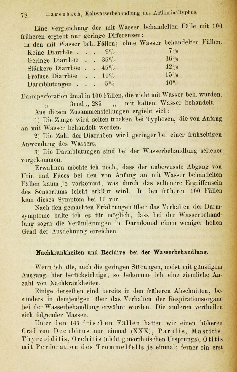 Eine Vergleichung der mit Wasser bebandelten Fälle mit 100 früheren ergiebt nur geringe Differenzen: in den mit Wasser beb. Fällen; ohne Wasser behandelten Fällen. Keine Diarrhöe ... 9% 7p/o Geringe Diarrhöe . . 35°/o 36% Stärkere Diarrhöe . . 45°/o 42% Profuse Diarrhöe . . 11% 15% Darmblutungen . . . 5% 10% Darmperforation 2mal in 100 Fällen, die nicht mit Wasser beb. wurden. 3mal „ 285 „ mit kaltem Wasser behandelt. Aus diesen Zusammenstellungen ergiebt sich: 1) Die Zunge wird selten trocken bei Typhösen, die von Anfang an mit Wasser behandelt werden. 2) Die Zahl der Diarrhöen wird geringer bei einer frühzeitigen Anwendung des Wassers. 3) Die Darmblutungen sind bei der Wasserbehandlung seltener vorgekommen. Erwähnen möchte ich noch, dass der unbewusste Abgang von Urin und Fäces bei den von Anfang an mit Wasser behandelten Fällen kaum je vorkommt, was durch das seltenere Ergriffensein des Sensoriums leicht erklärt wird. In den früheren 100 Fällen kam dieses Symptom bei 10 vor. Nach den gemachten Erfahrungen über das Verhalten der Darm- symptome halte ich es für möglich, dass bei der Wasserbehand- lung sogar die Veränderungen im Darmkanal einen weniger hohen Grad der Ausdehnung erreichen. Nachkrankheiten und Recidive bei der Wasserbehandlung. Wenn ich alle, auch die geringen Störungen, meist mit günstigem Ausgang, hier berücksichtige, so bekomme ich eine ziemliche An- zahl von Nachkrankheiten. Einige derselben sind bereits in den früheren Abschnitten, be- sonders in demjenigen über das Verhalten der Respirationsorgane bei der Wasserbehandlung erwähnt worden. Die anderen vertheilen sich folgender Massen. Unter den 147 frischen Fällen hatten wir einen höheren Grad von Decubitus nur einmal (XXXj, Parulis, Mastitis, Thyreoiditis, Orchitis (nicht gonorrhoischen Ursprungs), Otitis mit Perforation des Trommelfells je einmal; ferner ein erst