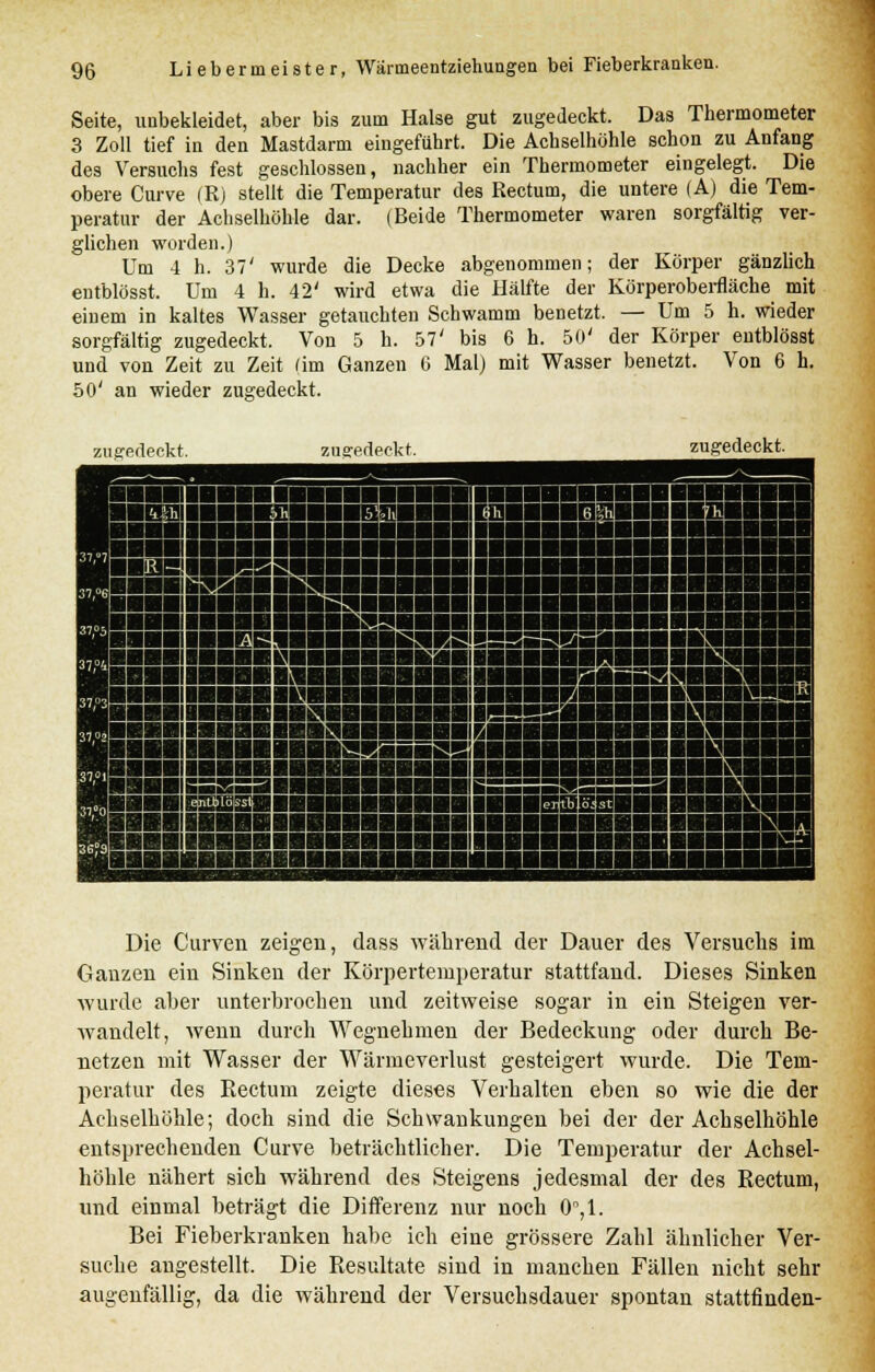 Seite, unbekleidet, aber bis zum Halse gut zugedeckt. Das Thermometer 3 Zoll tief in den Mastdarm eingeführt. Die Achselhöhle schon zu Anfang des Versuchs fest geschlossen, nachher ein Thermometer eingelegt. Die obere Curve (R) stellt die Temperatur des Rectum, die untere (A) die Tem- peratur der Achselhöhle dar. (Beide Thermometer waren sorgfältig ver- glichen worden.) Um 4 h. 37' wurde die Decke abgenommen; der Körper gänzlich entblösst. Um 4 h. 42' wird etwa die Hälfte der Körperoberfläche mit einem in kaltes Wasser getauchten Schwamm benetzt. — Um 5 h. wieder sorgfältig zugedeckt. Von 5 h. 57' bis 6 h. 50' der Körper entblösst und von Zeit zu Zeit (im Ganzen 6 Mal) mit Wasser benetzt. Von 6 h. 50' an wieder zugedeckt. zugedeckt. zugedeckt. zugedeckt. !S ■SS! Bim ■■■■■« s lüiB! !■■■■ !■■■& ■rci ■MBU ~R5 BBBBHSHBBB flHiaBMBaa« ■BS ■BBBBBBBBB ■I IBBBBB SSS9QSM ■■■ ■■■ ■»BUH SSSSüS sssssss MI IBBABBBC9BU IsWJI IBI1HHBI !■■■■■■! «KSiflBSflHHIUnBMM aSSKSSSSi:S83!8S SSS1 SSS8S ISIS Si ejJtbJöjst Die Curven zeigen, dass während der Dauer des Versuchs im Ganzen ein Sinken der Körpertemperatur stattfand. Dieses Sinken wurde aber unterbrochen und zeitweise sogar in ein Steigen ver- wandelt, wenn durch Wegnehmen der Bedeckung oder durch Be- netzen mit Wasser der Wärmeverlust gesteigert wurde. Die Tem- peratur des Rectum zeigte dieses Verhalten eben so wie die der Achselhöhle; doch sind die Schwankungen bei der der Achselhöhle entsprechenden Curve beträchtlicher. Die Temperatur der Achsel- höhle nähert sich während des Steigens jedesmal der des Rectum, und einmal beträgt die Differenz nur noch 0°,1. Bei Fieberkranken habe ich eine grössere Zahl ähnlicher Ver- suche angestellt. Die Resultate sind in manchen Fällen nicht sehr augenfällig, da die während der Versuchsdauer spontan stattfinden-
