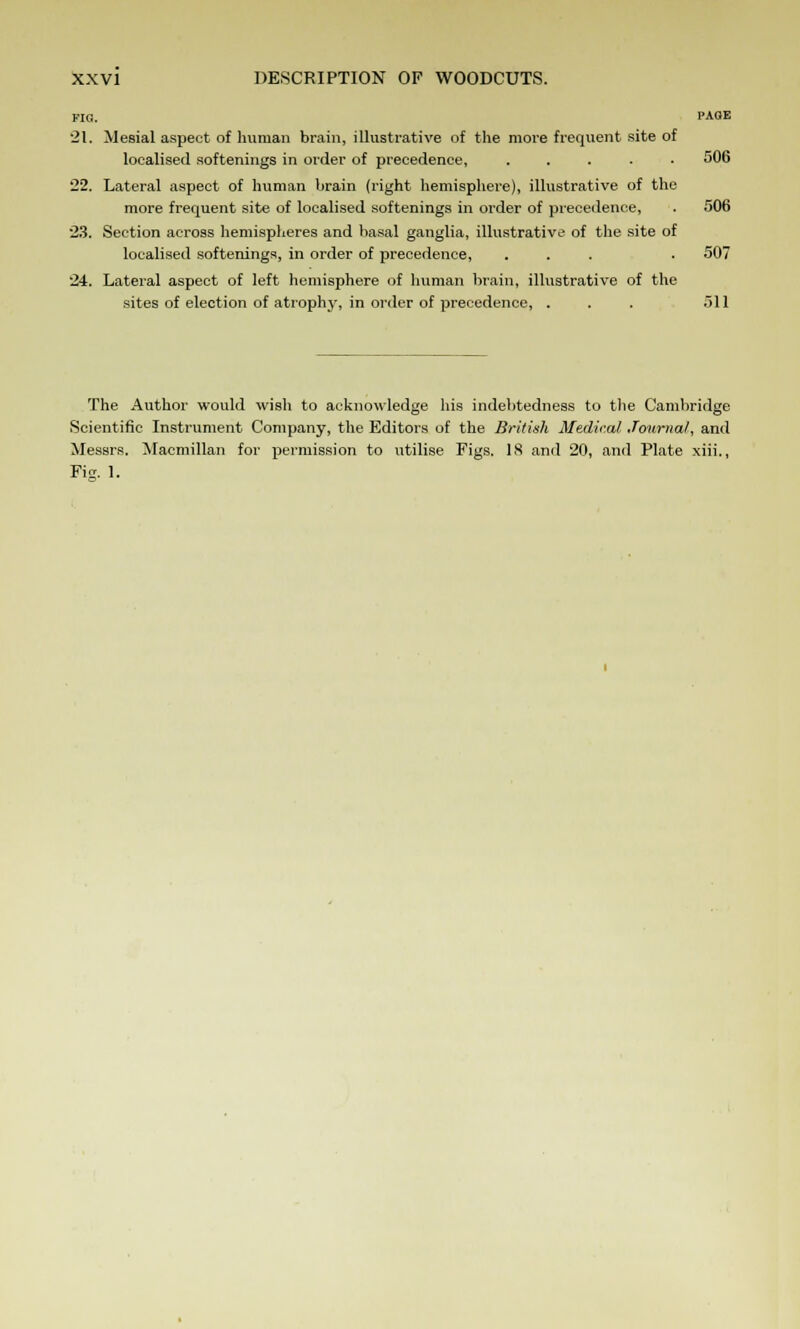 FIG. PAGE 21. Mesial aspect of human brain, illustrative of the more frequent site of localised softenings in order of precedence, ..... 506 22. Lateral aspect of human brain (right hemisphere), illustrative of the more frequent site of localised softenings in order of precedence, . 506 23. Section across hemispheres and basal ganglia, illustrative of the site of localised softenings, in order of precedence, ... . 507 24. Lateral aspect of left hemisphere of human brain, illustrative of the sites of election of atroph}', in order of precedence, ... 511 The Author would wish to acknowledge his indebtedness to the Cambridge Scientific Instrument Company, the Editors of the British Medical Journal, and Messrs. Maemillan for permission to utilise Figs. IS and 20, and Plate xiii., Fis. 1.