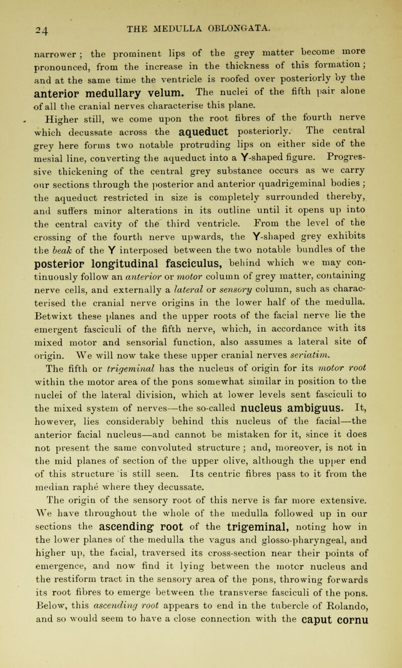 narrower ; the prominent lips of the grey matter become more pronounced, from the increase in the thickness of this formation; and at the same time the ventricle is roofed over posteriorly by the anterior medullary velum. The nuclei of the fifth pair alone of all the cranial nerves characterise this plane. Higher still, we come upon the root fibres of the fourth nerve which decussate across the aqueduct posteriorly. The central grey here forms two notable protruding lips on either side of the mesial line, converting the aqueduct into a Y-shaped figure. Progres- sive thickening of the central grey substance occurs as we carry our sections through the posterior and anterior quadrigeminal bodies ; the aqueduct restricted in size is completely surrounded thereby, and suffers minor alterations in its outline until it opens up into the central cavity of the third ventricle. From the level of the crossing of the fourth nerve upwards, the Y-shaped grey exhibits the beak of the Y interposed between the two notable bundles of the posterior longitudinal fasciculus, behind which we may con- tinuously follow an anterior or motor column of grey matter, containing nerve cells, and externally a lateral or sensory column, such as charac- terised the cranial nerve origins in the lower half of the medulla. Betwixt these planes and the upper roots of the facial nerve lie the emergent fasciculi of the fifth nerve, which, in accordance with its mixed motor and sensorial function, also assumes a lateral site of origin. We will now take these upper cranial nerves seriatim. The fifth or trigeminal has the nucleus of origin for its motor root within the motor area of the pons somewhat similar in position to the nuclei of the lateral division, which at lower levels sent fasciculi to the mixed system of nerves—the so-called nucleus ambigUUS. It, however, lies considerably behind this nucleus of the facial—the anterior facial nucleus—and cannot be mistaken for it, since it does not present the same convoluted structure ; and, moreover, is not in the mid planes of section of the upper olive, although the upper end of this structure is still seen. Its centric fibres pass to it from the median raphe where they decussate. The origin of the sensory root of this nerve is far more extensive. We have throughout the whole of the medulla followed up in our sections the ascending root of the trigeminal, noting how in the lower planes of the medulla the vagus and glosso-pharyngeal, and higher up, the facial, traversed its cross-section near their points of emergence, and now find it lying between the motor nucleus and the restiform tract in the sensory area of the pons, throwing forwards its root fibres to emerge between the transverse fasciculi of the pons. Below, this ascending root appears to end in the tubercle of Rolando, and so would seem to have a close connection with the caput COrnu