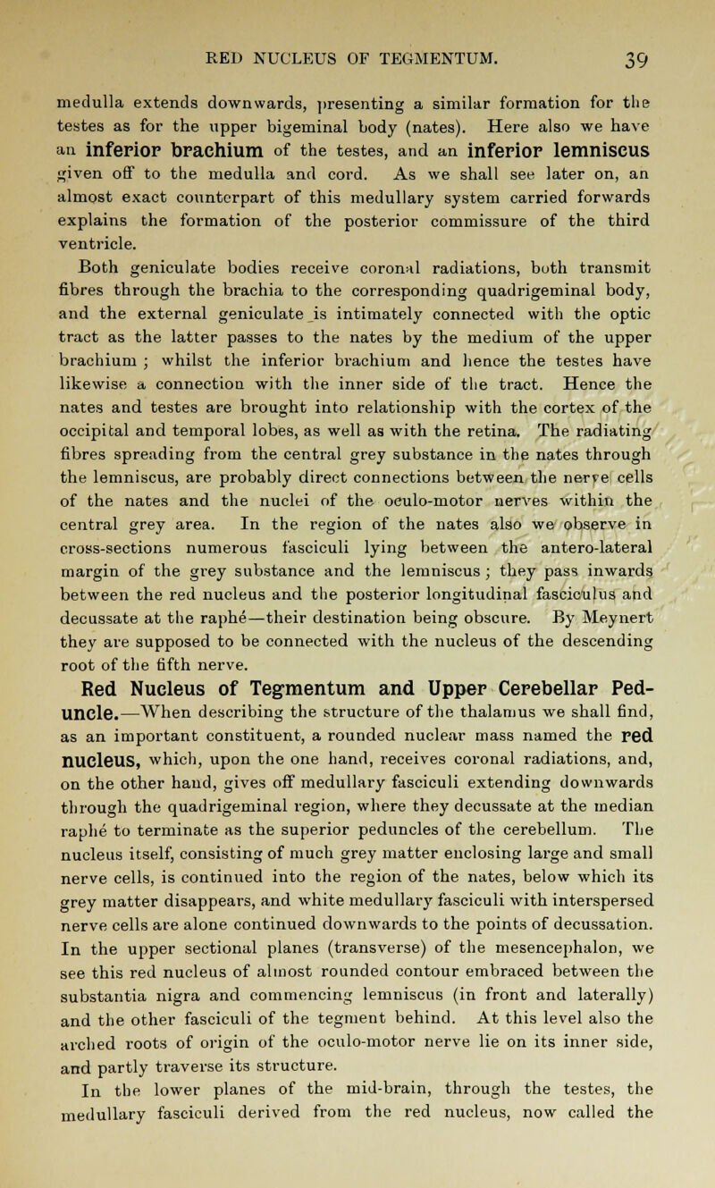 medulla extends downwards, presenting a similar formation for the testes as for the upper bigeminal body (nates). Here also we have an inferior brachium of the testes, and an inferior lemniscus given off to the medulla and cord. As we shall see later on, an almost exact counterpart of this medullary system carried forwards explains the formation of the posterior commissure of the third ventricle. Both geniculate bodies receive coronal radiations, both transmit fibres through the brachia to the corresponding quadrigeminal body, and the external geniculate is intimately connected with the optic tract as the latter passes to the nates by the medium of the upper brachium ; whilst the inferior brachium and hence the testes have likewise a, connection with the inner side of the tract. Hence the nates and testes are brought into relationship with the cortex of the occipital and temporal lobes, as well as with the retina. The radiating fibres spreading from the central grey substance in the nates through the lemniscus, are probably direct connections between the nerve cells of the nates and the nuclei of the oculo-motor nerves within the central grey area. In the region of the nates also we observe in cross-sections numerous fasciculi lying between the antero-lateral margin of the grey substance and the lemniscus ; they pass inwards between the red nucleus and the posterior longitudinal fasciculus and decussate at the raphe—their destination being obscure. By Meynert they are supposed to be connected with the nucleus of the descending root of the fifth nerve. Red Nucleus of Tegmentum and Upper Cerebellar Ped- uncle.—When describing the structure of the thalamus we shall find, as an important constituent, a rounded nuclear mass named the red nucleus, which, upon the one hand, receives coronal radiations, and, on the other hand, gives off medullary fasciculi extending downwards through the quadrigeminal region, where they decussate at the median raphe to terminate as the superior peduncles of the cerebellum. The nucleus itself, consisting of much grey matter enclosing large and small nerve cells, is continued into the region of the nates, below which its grey matter disappears, and white medullary fasciculi with interspersed nerve cells are alone continued downwards to the points of decussation. In the upper sectional planes (transverse) of the mesencephalon, we see this red nucleus of almost rounded contour embraced between the substantia nigra and commencing lemniscus (in front and laterally) and the other fasciculi of the tegment behind. At this level also the arched roots of origin of the oculo-motor nerve lie on its inner side, and partly traverse its structure. In the lower planes of the mid-brain, through the testes, the medullary fasciculi derived from the red nucleus, now called the