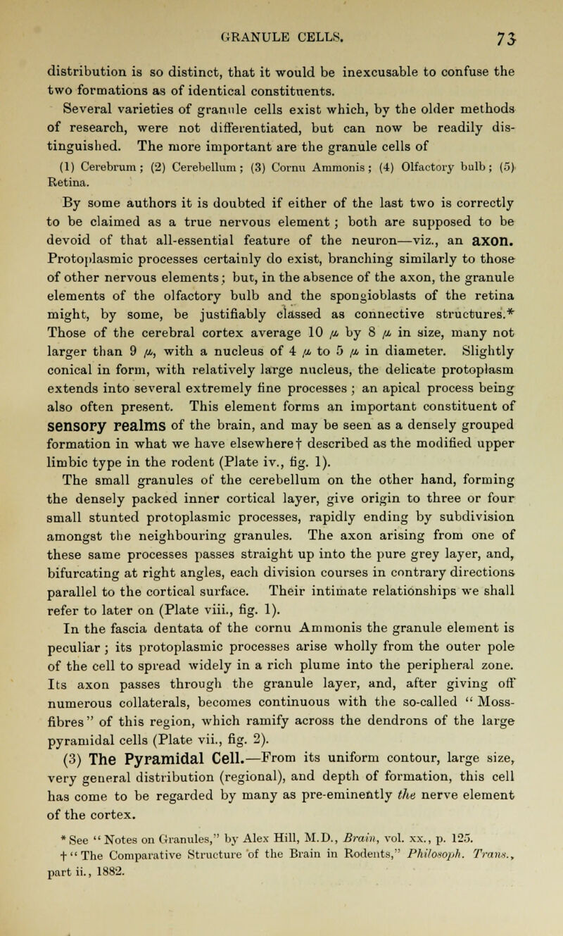 GRANULE CELLS. 7 J distribution is so distinct, that it would be inexcusable to confuse the two formations as of identical constituents. Several varieties of granule cells exist which, by the older methods of research, were not differentiated, but can now be readily dis- tinguished. The more important are the granule cells of (1) Cerebrum; (2) Cerebellum; (3) Cornu Ammonis; (4) Olfactory bulb; (5)- Retina. By some authors it is doubted if either of the last two is correctly to be claimed as a true nervous element; both are supposed to be devoid of that all-essential feature of the neuron—viz., an axon. Protoplasmic processes certainly do exist, branching similarly to those of other nervous elements ; but, in the absence of the axon, the granule elements of the olfactory bulb and the spongioblasts of the retina might, by some, be justifiably classed as connective structures.* Those of the cerebral cortex average 10 //■ by 8 /i in size, many not larger than 9 (l, with a nucleus of 4 /m to 5 //, in diameter. Slightly conical in form, with relatively large nucleus, the delicate protoplasm extends into several extremely tine processes ; an apical process being also often present. This element forms an important constituent of Sensory realms of the brain, and may be seen as a densely grouped formation in what we have elsewhere! described as the modified upper limbic type in the rodent (Plate iv., fig. 1). The small granules of the cerebellum on the other hand, forming the densely packed inner cortical layer, give origin to three or four small stunted protoplasmic processes, rapidly ending by subdivision amongst the neighbouring granules. The axon arising from one of these same processes passes straight up into the pure grey layer, and, bifurcating at right angles, each division courses in contrary directions parallel to the cortical surface. Their intimate relationships we shall refer to later on (Plate viii., fig. 1). In the fascia dentata of the cornu Ammonis the granule element is peculiar ; its protoplasmic processes arise wholly from the outer pole of the cell to spread widely in a rich plume into the peripheral zone. Its axon passes through the granule layer, and, after giving off numerous collaterals, becomes continuous with the so-called  Moss- fibres  of this region, which ramify across the dendrons of the large pyramidal cells (Plate vii., fig. 2). (3) The Pyramidal Cell.—From its uniform contour, large size, very general distribution (regional), and depth of formation, this cell has come to be regarded by many as pre-eminently the nerve element of the cortex. •See Notes on Granules, by Alex Hill, M.D., Brain, vol. xx., p. 125. t The Comparative Structure *of the Brain in Rodents, Philosoph. Trans., partii., 1882.