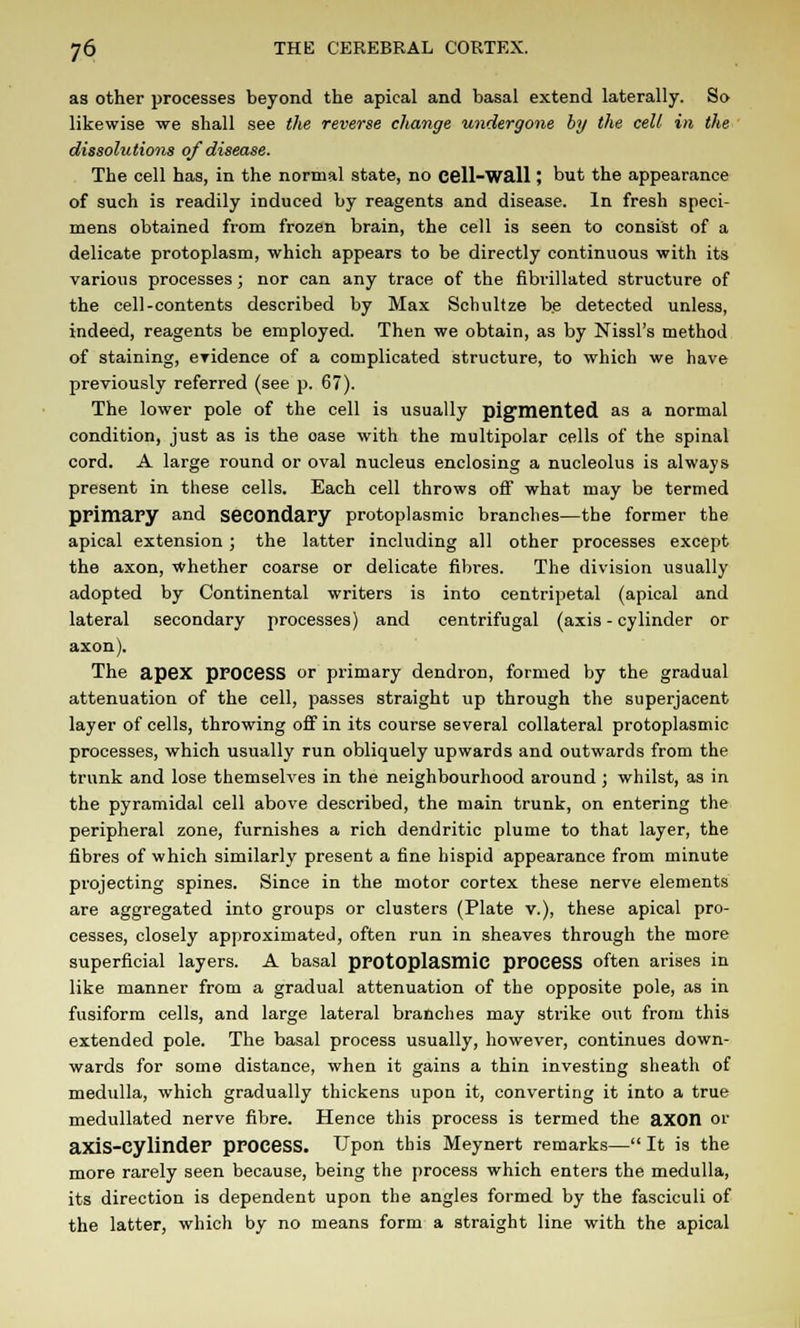as other processes beyond the apical and basal extend laterally. So likewise we shall see the reverse change undergone by the cell in the dissolutions of disease. The cell has, in the normal state, no cell-Wall; but the appearance of such is readily induced by reagents and disease. In fresh speci- mens obtained from frozen brain, the cell is seen to consist of a delicate protoplasm, which appears to be directly continuous with its various processes; nor can any trace of the fibrillated structure of the cell-contents described by Max Schultze be detected unless, indeed, reagents be employed. Then we obtain, as by Nissl's method of staining, eridence of a complicated structure, to which we have previously referred (see p. 67). The lower pole of the cell is usually pigmented as a normal condition, just as is the oase with the multipolar cells of the spinal cord. A large round or oval nucleus enclosing a nucleolus is always present in these cells. Each cell throws off what may be termed primary and secondary protoplasmic branches—the former the apical extension; the latter including all other processes except the axon, whether coarse or delicate fibres. The division usually adopted by Continental writers is into centripetal (apical and lateral secondary processes) and centrifugal (axis - cylinder or axon). The apex process or primary dendron, formed by the gradual attenuation of the cell, passes straight up through the superjacent layer of cells, throwing off in its course several collateral protoplasmic processes, which usually run obliquely upwards and outwards from the trunk and lose themselves in the neighbourhood around ; whilst, as in the pyramidal cell above described, the main trunk, on entering the peripheral zone, furnishes a rich dendritic plume to that layer, the fibres of which similarly present a fine hispid appearance from minute projecting spines. Since in the motor cortex these nerve elements are aggregated into groups or clusters (Plate v.), these apical pro- cesses, closely approximated, often run in sheaves through the more superficial layers. A basal protoplasmic process often arises in like manner from a gradual attenuation of the opposite pole, as in fusiform cells, and large lateral branches may strike out from this extended pole. The basal process usually, however, continues down- wards for some distance, when it gains a thin investing sheath of medulla, which gradually thickens upon it, converting it into a true medullated nerve fibre. Hence this process is termed the axon or axis-Cylinder process. Upon this Meynert remarks— It is the more rarely seen because, being the process which enters the medulla, its direction is dependent upon the angles formed by the fasciculi of the latter, which by no means form a straight line with the apical