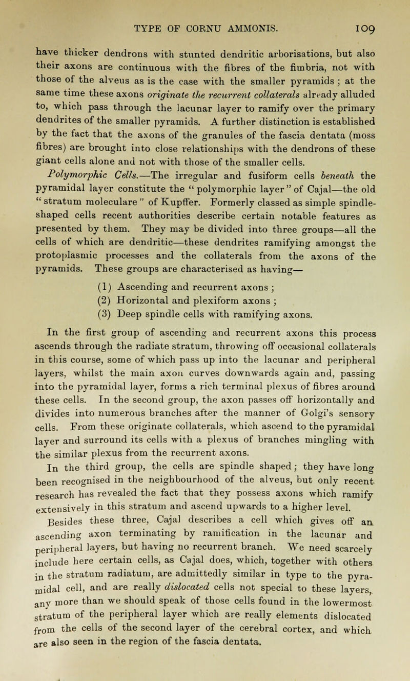 have thicker dendrons with stunted dendritic arborisations, but also their axons are continuous with the fibres of the fimbria, not with those of the alveus as is the case with the smaller pyramids ; at the same time these axons originate the recurrent collaterals already alluded to, which pass through the lacunar layer to ramify over the primary dendrites of the smaller pyramids. A further distinction is established by the fact that the axons of the granules of the fascia dentata (moss fibres) are brought into close relationships with the dendrons of these giant cells alone and not with those of the smaller cells. Polymorphic Cells.—The irregular and fusiform cells beneath the pyramidal layer constitute the  polymorphic layer  of Cajal—the old  stratum raoleculare  of Kupffer. Formerly classed as simple spindle- shaped cells recent authorities describe certain notable features as presented by them. They may be divided into three groups—all the cells of which are dendritic—these dendrites ramifying amongst the protoplasmic processes and the collaterals from the axons of the pyramids. These groups are characterised as having— (1) Ascending and recurrent axons ; (2) Horizontal and plexiform axons ; (3) Deep spindle cells with ramifying axons. In the first group of ascending and recurrent axons this process ascends through the radiate stratum, throwing off occasional collaterals in this course, some of which pass up into the lacunar and peripheral layers, whilst the main axon curves downwards again and, passing into the pyramidal layer, forms a rich terminal plexus of fibres around these cells. In the second group, the axon passes off horizontally and divides into numerous branches after the manner of Golgi's sensory cells. From these originate collaterals, which ascend to the pyramidal layer and surround its cells with a plexus of branches mingling with the similar plexus from the recurrent axons. In the third group, the cells are spindle shaped; they have long been recognised in the neighbourhood of the alveus, but only recent research has revealed the fact that they possess axons which ramify extensively in this stratum and ascend upwards to a higher level. Besides these three, Cajal describes a cell which gives off an ascending axon terminating by ramification in the lacunar and peripheral layers, but having no recurrent branch. We need scarcely include here certain cells, as Cajal does, which, together with others in the stratum radiatum, are admittedly similar in type to the pyra- midal cell, and are really dislocated cells not special to these layers, any more than we should speak of those cells found in the lowermost stratum of the peripheral layer which are really elements dislocated from the cells of the second layer of the cerebral cortex, and which are also seen in the region of the fascia dentata.