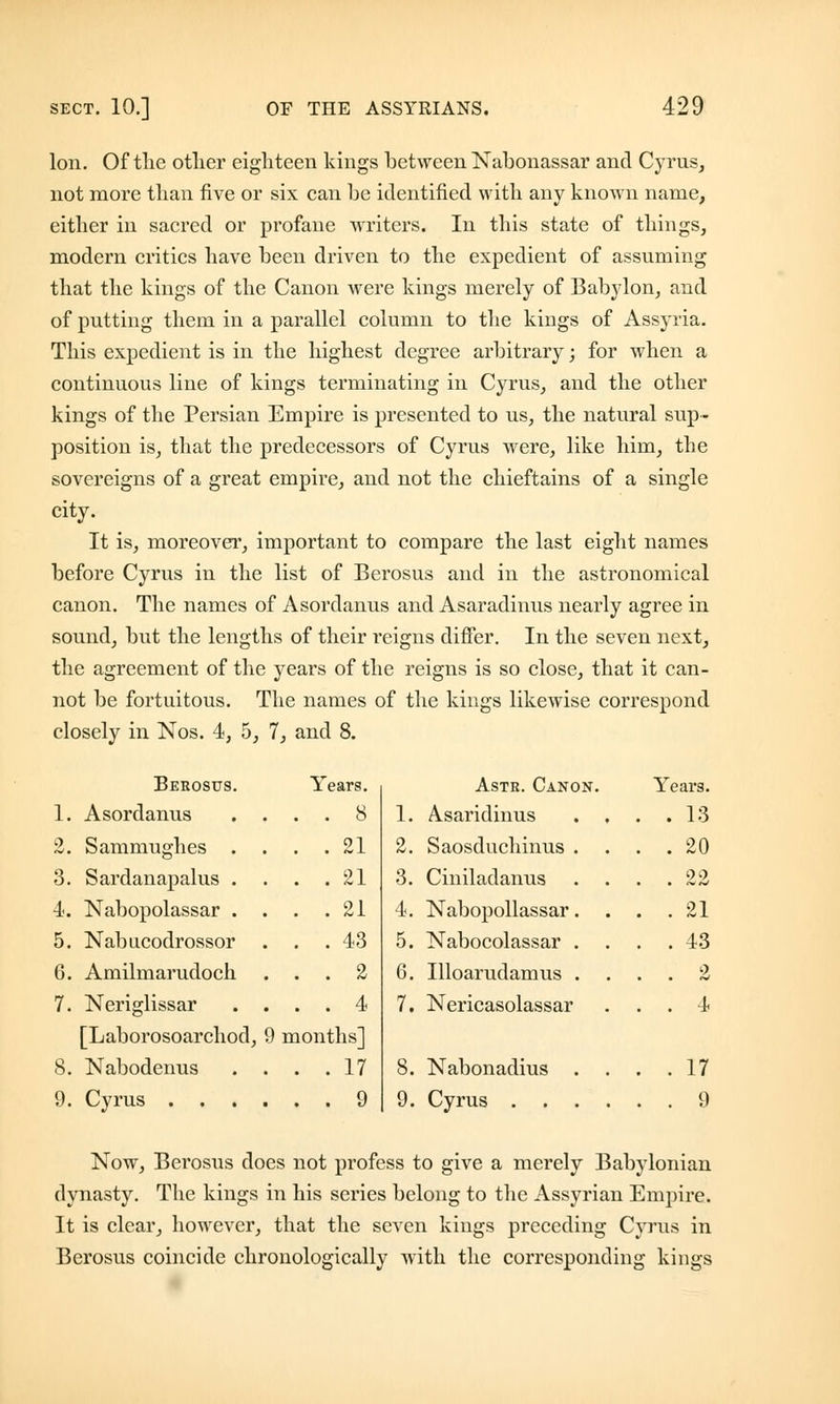Ion. Of the other eighteen kings between Nabonassar and Cyrus, not more than five or six can be identified with any known name, either in sacred or profane writers. In this state of things, modern critics have been driven to the expedient of assuming that the kings of the Canon were kings merely of Babylon, and of putting them in a parallel column to the kings of Ass}rria. This expedient is in the highest degree arbitrary; for when a continuous line of kings terminating in Cyrus, and the other kings of the Persian Empire is presented to us, the natural sup- position is, that the predecessors of Cyrus were, like him, the sovereigns of a great empire, and not the chieftains of a single city. It is, moreover, important to compare the last eight names before Cyrus in the list of Berosus and in the astronomical canon. The names of Asordanus and Asaradinus nearly agree in sound, but the lengths of their reigns differ. In the seven next, the agreement of the years of the reigns is so close, that it can- not be fortuitous. The names of the kings likewise correspond closely in Nos. 4, 5, 7, and 8. Berosus. Years. Aste. Canon. Years. 1. Asordanus . . 8 1. Asaridinus . . .13 2. Sammughes . . 21 2. Saosduchinus ... 20 3. Sardanapalus . . 21 3. Ciniladanus . . .22 4. Nabopolassar . • 21 4. Nabopollassar ... 21 5. Nabucodrossor . 43 5. Nabocolassar . . .43 6. Amilmarudoch . 2 6. Illoarudamus ... 2 7. Neriglissar , 4 7. Nericasolassar ... 4 [Laborosoarchod, 9 months] 8. Nabodenus . . 17 8. Nabonadius ... 17 9. 9 9. Cyrus . ... 9 Now, Berosus does not profess to give a merely Babylonian dynasty. The kings in his series belong to the Assyrian Empire. It is clear, however, that the seven kings preceding Cyrus in Berosus coincide chronologically with the corresponding kings