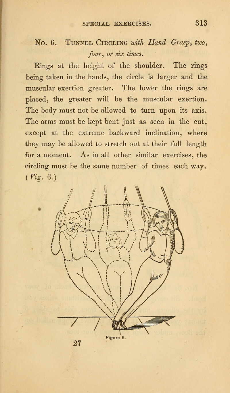 No. 6. Tunnel Circling with Hand Grasp, two, four, or six times. Rings at the height of the shoulder. The rings being taken in the hands, the circle is larger and the muscular exertion greater. The lower the rings are placed, the greater will be the muscular exertion. The body must not be allowed to turn upon its axis. The arms must be kept bent just as seen in the cut, except at the extreme backward inclination, where they may be allowed to stretch out at their full length for a moment. As in all other similar exercises, the circling must be the same number of times each way. ( %• 6.) 27