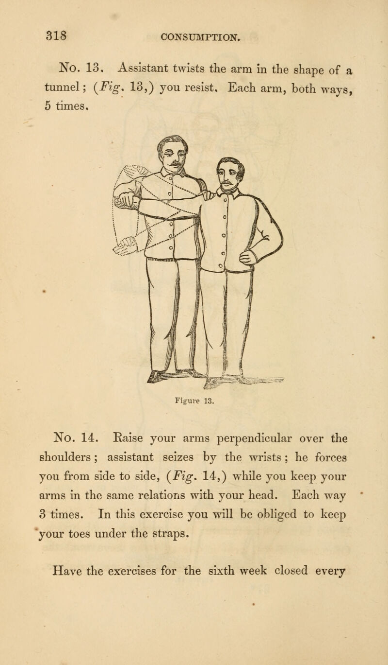 No. 13, Assistant twists the arm in the shape of a tunnel; {Fig. 13,) you resist. Each arm, both ways, 5 times. Figure 13. No. 14. Raise your arms perpendicular over the shoulders; assistant seizes by the wrists; he forces you from side to side, (Fig. 14,) while you keep your arms in the same relations with your head. Each way 3 times. In this exercise you will be obliged to keep your toes under the straps. Have the exercises for the sixth week closed every