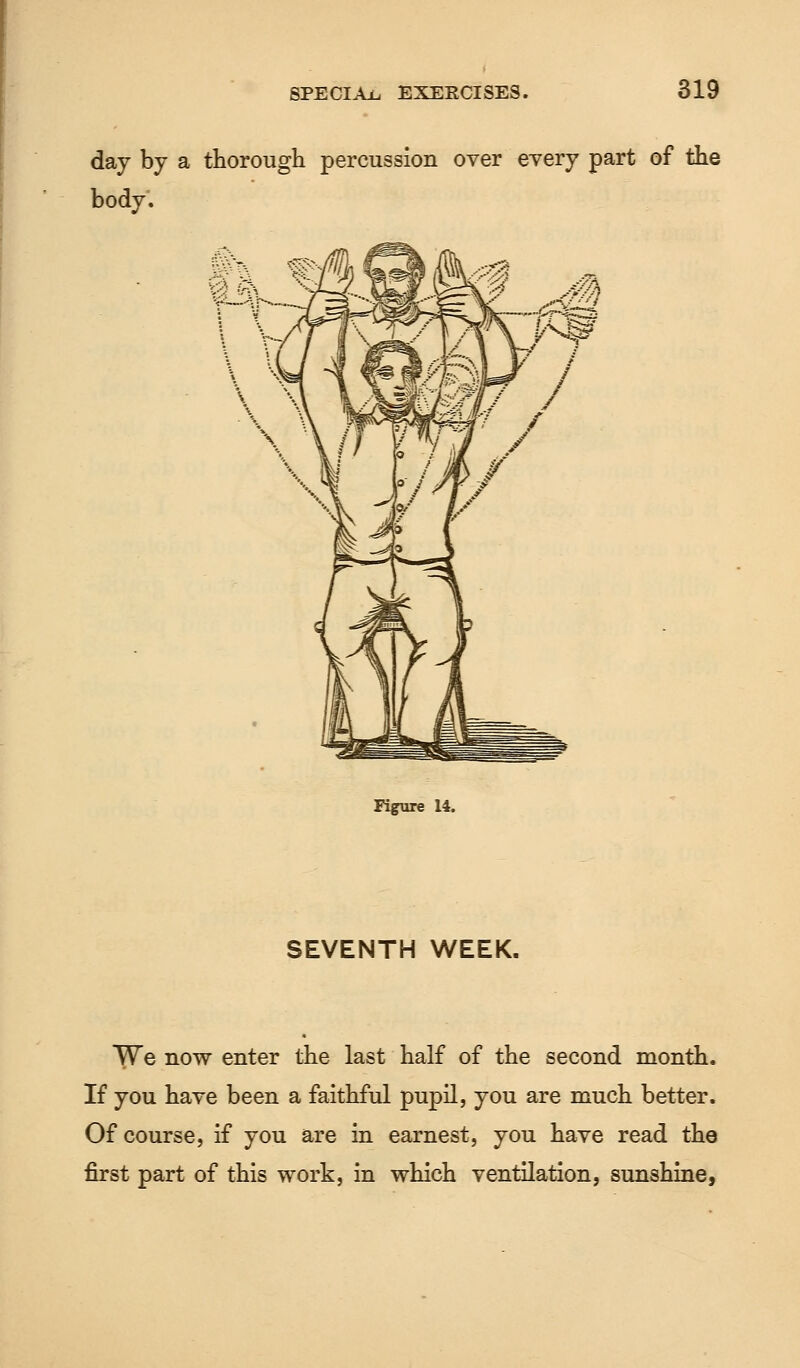 day by a thorough percussion over every part of the body. Figure 14. SEVENTH WEEK. We now enter the last half of the second month. If you have been a faithful pupil, you are much better. Of course, if you are in earnest, you have read the first part of this work, in which ventilation, sunshine,