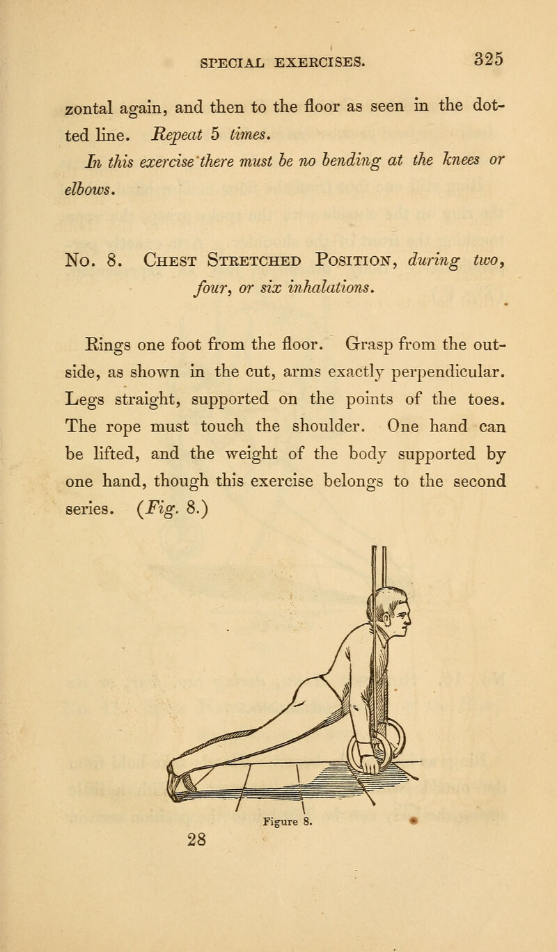 zontal again, and then to the floor as seen in the dot- ted line. Repeat 5 limes. In this exercise'there must be no bending at the knees or elbows. No. 8. Chest Steetched Position, during two, four, or six inhalations. Rings one foot from the floor. Grasp from the out- side, as shown in the cut, arms exactly perpendicular. Legs straight, supported on the points of the toes. The rope must touch the shoulder. One hand can be lifted, and the weight of the body supported by one hand, though this exercise belongs to the second series. (Fig. 8.) Figure 8. 28