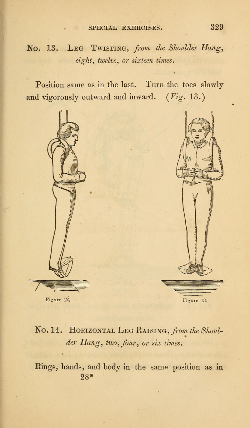 No. 13. Leg Twisting, from the Shoulder Hang, eight, twelve, or sixteen times. Position same as in the last. Turn the toes slowly and vigorously outward and inward. (Fig. 13.) m Figure 12. Figure 13. No, 14. Horizontal Leg Raising, from the Shoul- der Hang, two, four, or six times. Rings, hands, and body in the same position as in 28* •