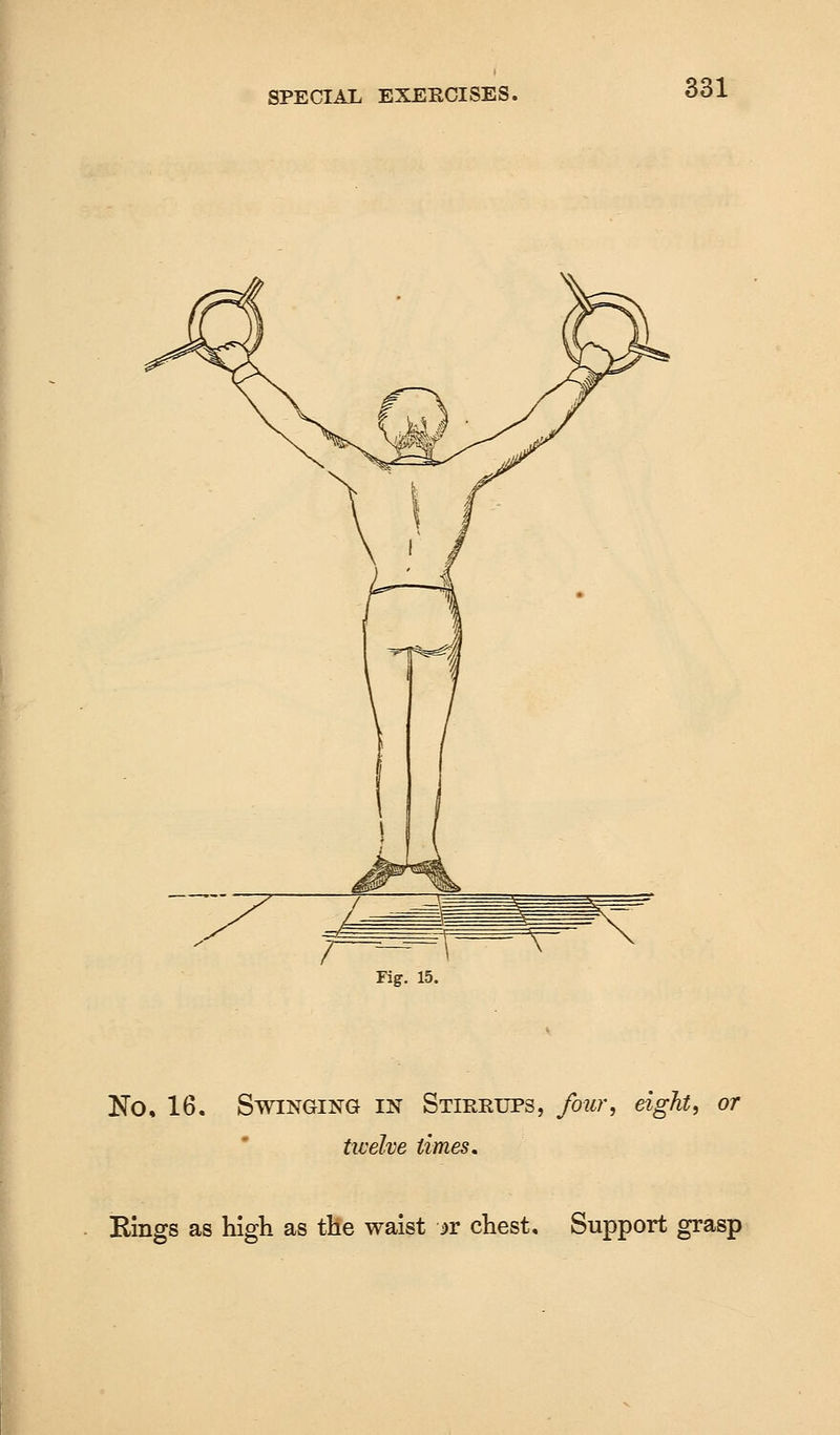 Fig. 15. No, 16. Swinging in Stirrups, four, eight, or twelve limes. Rings as high as the waist w chest. Support grasp