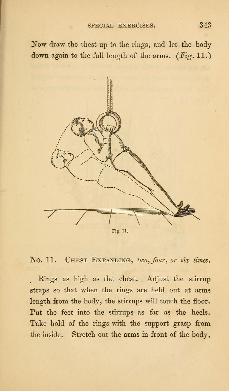 Now draw the chest up to the rings, and let the body down again to the full length of the arms. (Fig. 11.) Fiff. 11. No. 11. Chest Expanding, two, four, or six Rings as high as the chest. Adjust the stirrup straps so that when the rings are held out at arms length from the body, the stirrups will touch the floor. Put the feet into the stirrups as far as the heels. Take hold of the rings with the support grasp from the inside. Stretch out the arms in front of the body,