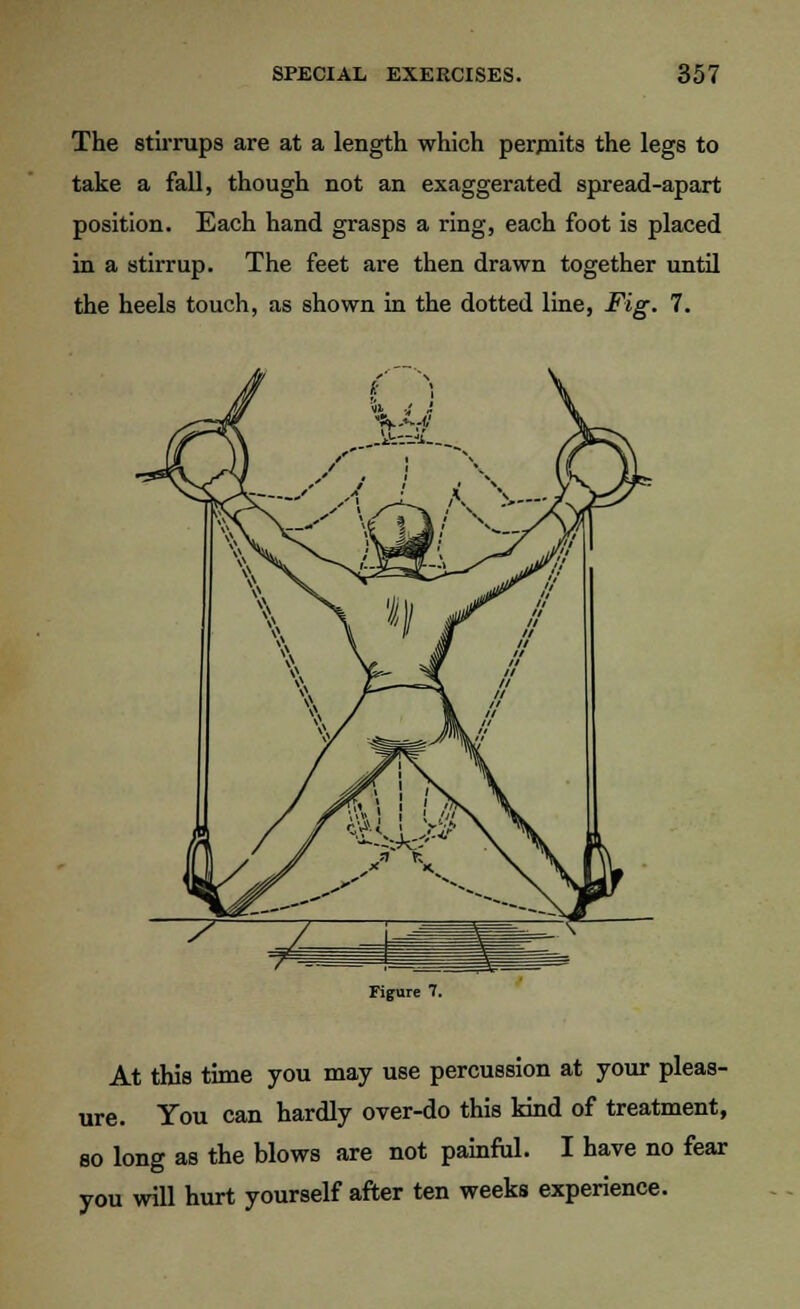 The stirrups are at a length which permits the legs to take a fall, though not an exaggerated spread-apart position. Each hand grasps a ring, each foot is placed in a stirrup. The feet are then drawn together until the heels touch, as shown in the dotted line, Fig. 7. Figure 7. At this time you may use percussion at your pleas- ure. You can hardly over-do this kind of treatment, so long as the blows are not painful. I have no fear you will hurt yourself after ten weeks experience.