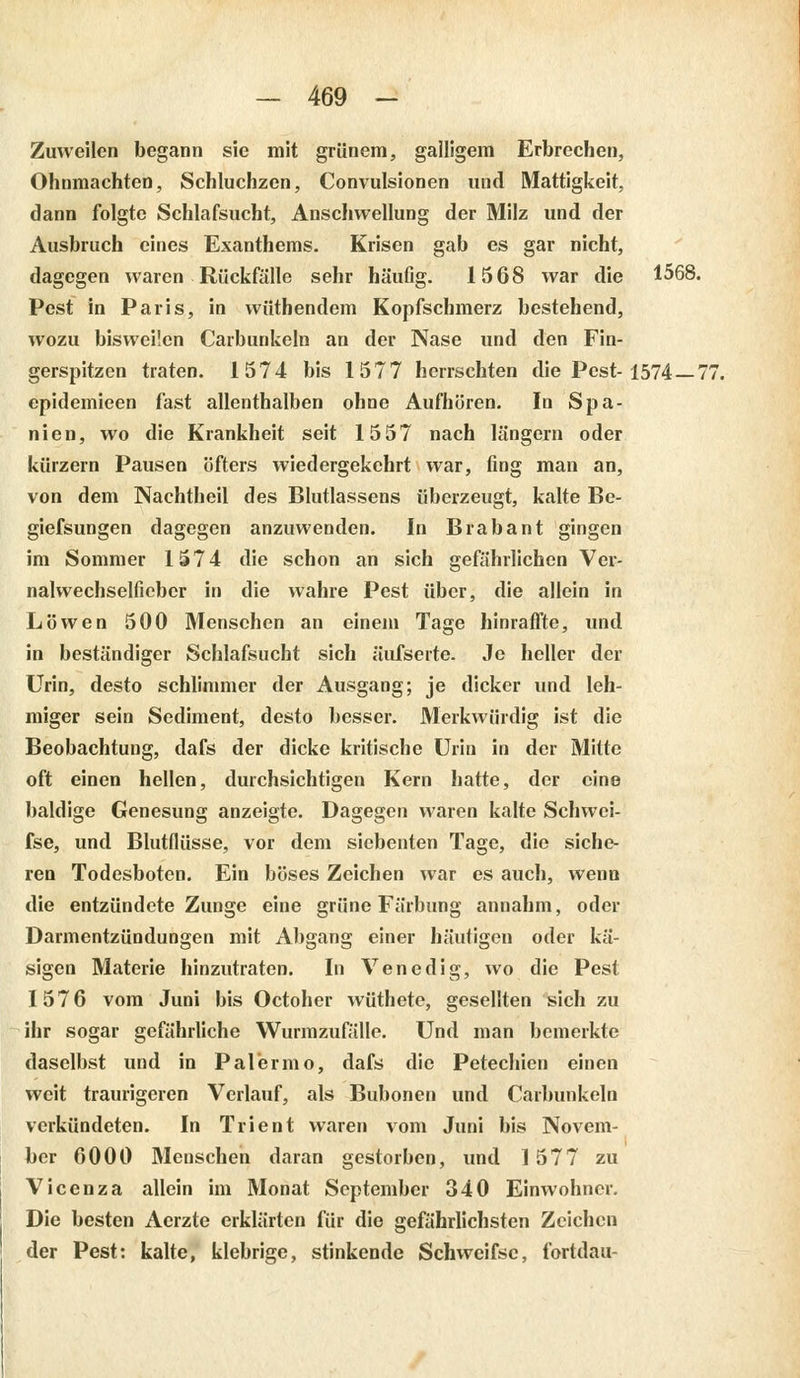 Zuweilen begann sie mit grünem, galligem Erbrechen, Ohnmächten, Schluchzen, Convulsionen und Mattigkeit, dann folgte Schlafsucht, Anschwellung der Milz und der Ausbruch eines Exanthems. Krisen gab es gar nicht, dagegen waren Rückfälle sehr häuüg. 1568 war die 1568. Pest in Paris, in wüthendem Kopfschmerz bestehend, wozu bisweilen Carbunkeln an der Nase und den Fin- gerspitzen traten. 1574 bis 1577 herrschten die Pest- 1574 — 71 epidemieen fast allenthalben ohne Aufhören. In Spa- nien, wo die Krankheit seit 1557 nach längern oder kürzern Pausen öfters wiedergekehrt war, fing man an, von dem Nachtheil des Blutlassens überzeugt, kalte Be- giefsungen dagegen anzuwenden. In Brabant gingen im Sommer 1574 die schon an sich gefährlichen Ver- nalwechselfiebcr in die wahre Pest über, die allein in Löwen 500 Mensehen an einem Tage hinraffte, und in beständiger Schlafsucht sich äufserte. Je heller der Urin, desto schlimmer der Ausgang; je dicker und leh- miger sein Sediment, desto besser. Merkwürdig ist die Beobachtung, dafs der dicke kritische Urin in der Mitte oft einen hellen, durchsichtigen Kern hatte, der eine baldige Genesung anzeigte. Dagegen waren kalte Schwei- fse, und Blutflüsse, vor dem siebenten Tage, die siche- ren Todesboten. Ein böses Zeichen war es auch, wenn die entzündete Zunge eine grüne Färbung annahm, oder Darmentzündungen mit Abgang einer häutigen oder kä- sigen Materie hinzutraten. In Venedig, wo die Pest 1576 vom Juni bis Octoher wüthete, gesellten sich zu ihr sogar gefährliche Wurmzufälle. Und man bemerkte daselbst und in Palermo, dafs die Petechien einen weit traurigeren Verlauf, als Bubonen und Carbunkeln verkündeten. In Trient waren vom Juni bis Novem- ber 6000 Menschen daran gestorben, und 1577 zu Vicenza allein im Monat September 340 Einwohner. Die besten Aerzte erklärten für die gefährlichsten Zeichen der Pest: kalte, klebrige, stinkende Schweifsc, fortdau-