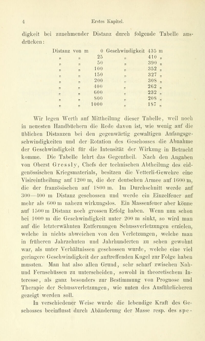 i stan z von m 0 n >! 25 v n 50 n n 100 r, )j 150 n ?j 200 n n 400 r. n 600 n n n n 800 1000 4 Erstes Kapitel. digkeit bei zunehmender Distanz durch folgende Tabelle aus- drücken : 0 Geschwindigkeit 435 ni 410 „ 390 „ 352 „ 327 „ 308 „ r, 262 „ 232 „ 208 „ 187 „ Wir legen Werth auf Mittheilung dieser Tabelle, weil noch in neuesten Handbüchern die Rede davon ist, wie wenig auf die üblichen Distanzen bei den gegenwärtig gewaltigen Anfangsge- schwindigkeiten und der Rotation des Geschosses die Abnahme der Geschwindigkeit für die Intensität der Wirkung in Betracht komme. Die Tabelle lehrt das Gegentheil. Nach den Angaben von Oberst Gressly, Chefs der technischen Abtheilung des eid- genössischen Kriegsmaterials, besitzen die Vetterli-Gewehre eine Visireintheilung auf 121 Mim, die der deutschen Armee auf 1600m, die der französischen auf 1800 m. Im Durchschnitt werde auf 300—400 m Distanz geschossen und werde ein Einzelfeuer auf mehr als 600 m nahezu wirkungslos. Ein Massenfeuer aber könne auf 150Om Distanz noch grossen Erfolg haben. Wenn nun schon bei 1000 m die Geschwindigkeit unter 200 m sinkt, so wird man auf die letzterwähnten Entfernungen Schussverletzungen erzielen, welche in nichts abweichen von den Verletzungen, welche man in früheren Jahrzehnten und Jahrhunderten zu sehen gewohnt war, als unter Verhältnissen geschossen wurde, welche eine viel geringere Geschwindigkeit der auftreffenden Kugel zur Folge haben mussten. Man hat also allen Grund, sehr scharf zwischen Nah- und Fernschüssen zu unterscheiden, sowohl in theoretischem In- teresse, als ganz besonders zur Bestimmung von Prognose und Therapie der Schussverletzungen, wie unten des Ausführlicheren gezeigt werden soll. In verschiedener Weise wurde die lebendige Kraft des Ge- schosses beeinflusst durch Abänderung der Masse resp. des spe-