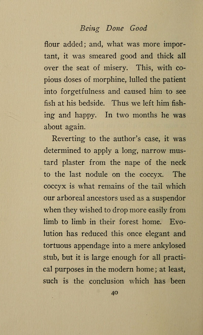 flour added; and, what was more impor- tant, it was smeared good and thick all over the seat of misery. This, with co- pious doses of morphine, lulled the patient into forgetfulness and caused him to see fish at his bedside. Thus we left him fish- ing and happy. In two months he was about again. Reverting to the author's case, it was determined to apply a long, narrow mus- tard plaster from the nape of the neck to the last nodule on the coccyx. The coccyx is what remains of the tail which our arboreal ancestors used as a suspendor when they wished to drop more easily from limb to limb in their forest home. Evo- lution has reduced this once elegant and tortuous appendage into a mere ankylosed stub, but it is large enough for all practi- cal purposes in the modern home; at least, such is the conclusion which has been