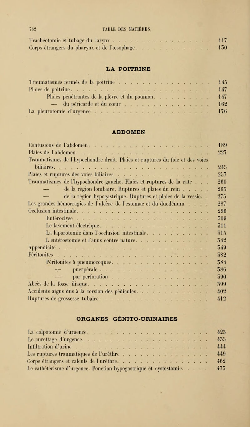 Trachéotomie et tubage du larynx 117 Corps étrangers du pharynx et de l'œsophage 150 LA POITRINE Traumatisâtes fermés de la poitrine 1-45 Plaies de poitrine 147 Plaies pénétrantes de la plèvre et du poumon 147 — du péricarde el du cœur 102 La pleurotomie d'urgence 17(1 ABDOMEN Contusions de l'abdomen 189 Plaies de l'abdomen 227 Traumatismes de l'hypochondre droit. Plaies et ruptures du foie el des voies biliaires 245 Plaies et ruptures des voies biliaires 257 Traumatismes de l'hypochondre gauche. Plaies et ruptures de la rate . . . 201) — de la région lombaire. Ruptures et plaies du rein 205 — de la région hypogastrique. Ruptures et plaies de la vessie. . 275 Les grandes hémorragies de l'ulcère de l'estomac et du duodénum .... 287 Occlusion intestinale 290 Entéroclyse 509 Le lavement électrique 511 La laparotomie dans l'occlusion intestinale 515 L'ehtérostomie et l'anus contre nature 542 Appendicite 549 Péritonites 582 Péritonites à pneumocoques 584 -r- puerpérale 580 — par perforation 590 Abcès de la fosse iliaque 599 Accidents aigus dus à la torsion des pédicules 402 Ruptures de grossesse tubaire 412 ORGANES GENITO-URINAIRES La eolpotomie d'urgence 425 Le curettage d'urgence 455 Infiltration d'urine 444 Les ruptures traumatiques de l'urèthre 449 Corps étrangers et calculs de l'urèthre -402 Le cathétérisme d'urgence. Ponction hypogastrique et cystostomie 475