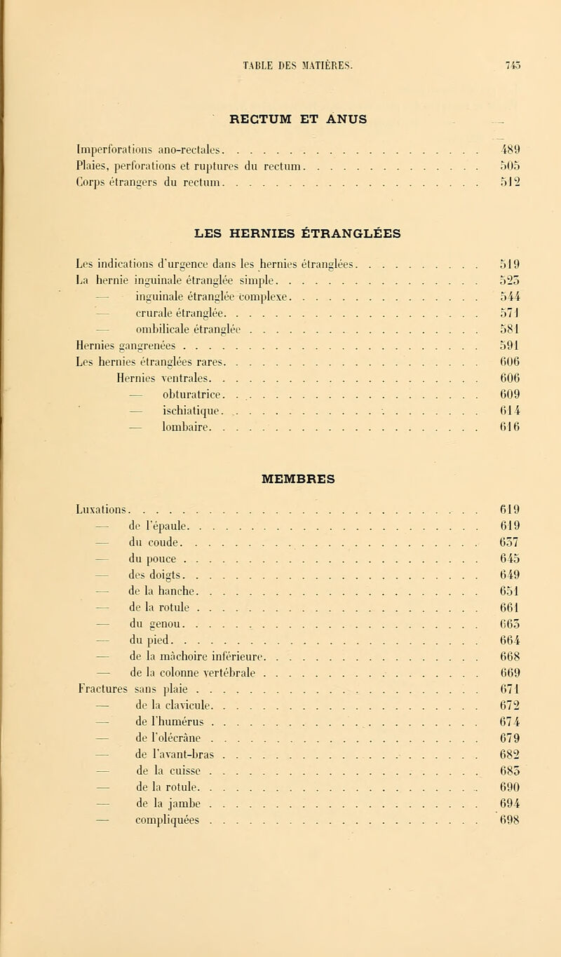 RECTUM ET ANUS Imperforations ano-rectales Ï89 Plaies, perforations et ruptures du rectum 505 Corps étrangers du rectum 51 2 LES HERNIES ETRANGLEES Les indications d'urgence dans les hernies étranglées 519 La hernie inguinale étranglée simple 525 inguinale étranglée complexe 544 crurale étranglée 571 ombilicale étranglée 581 Hernies gangrenées 591 Les hernies étranglées rares 606 Hernies ventrales 606 obturatrice. . 609 ischiatique. •. 614 lombaire 616 MEMBRES Luxations . 619 — de l'épaule 619 — du coude 657 du pouce 645 des doigts 649 de la hanche 651 de la rotule 661 — du genou 665 — du pied 664 de la mâchoire inférieure 668 — de la colonne vertébrale 669 Fractures sans plaie 671 de la clavicule 672 de l'humérus 674 de l'olécràne 679 de l'avant-bras 682 de la cuisse 685 de la rotule 690 de la jambe 694 compliquées 698
