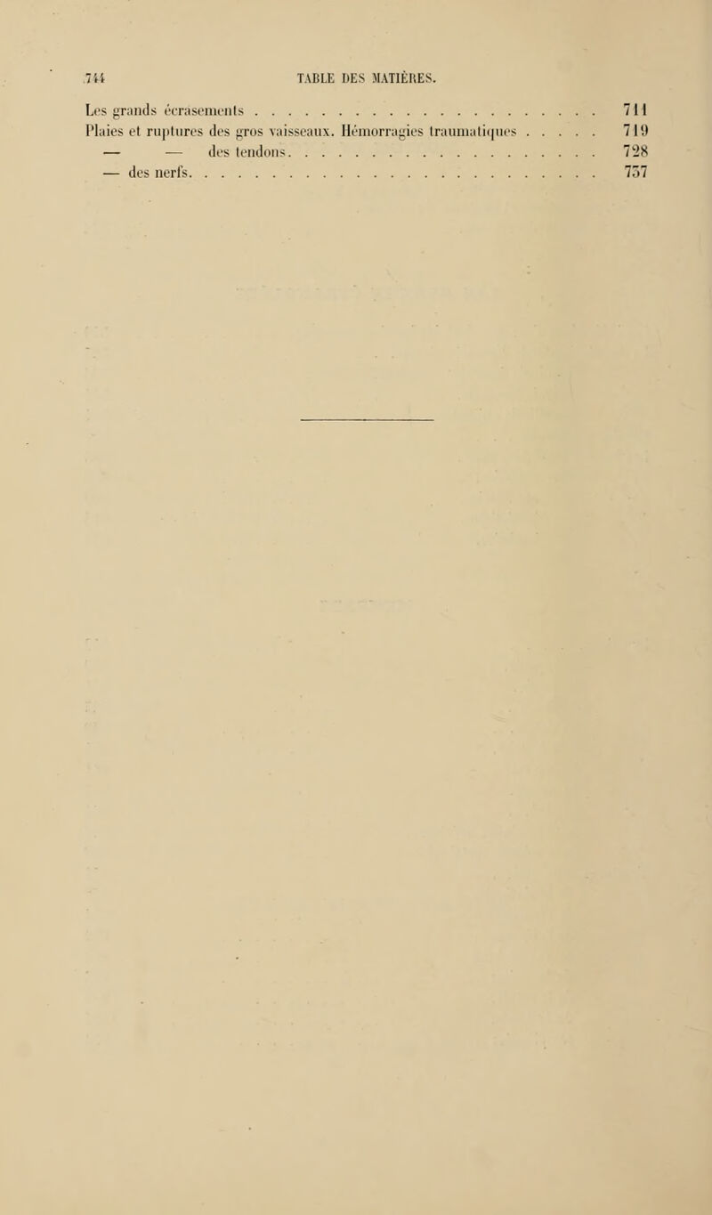 Les grands écrasements 711 Plaies et ruptures des gros vaisseaux. Hémorragies traumatiques 7Kt — — des tendons 7LJX — des nerfs 7Ô7