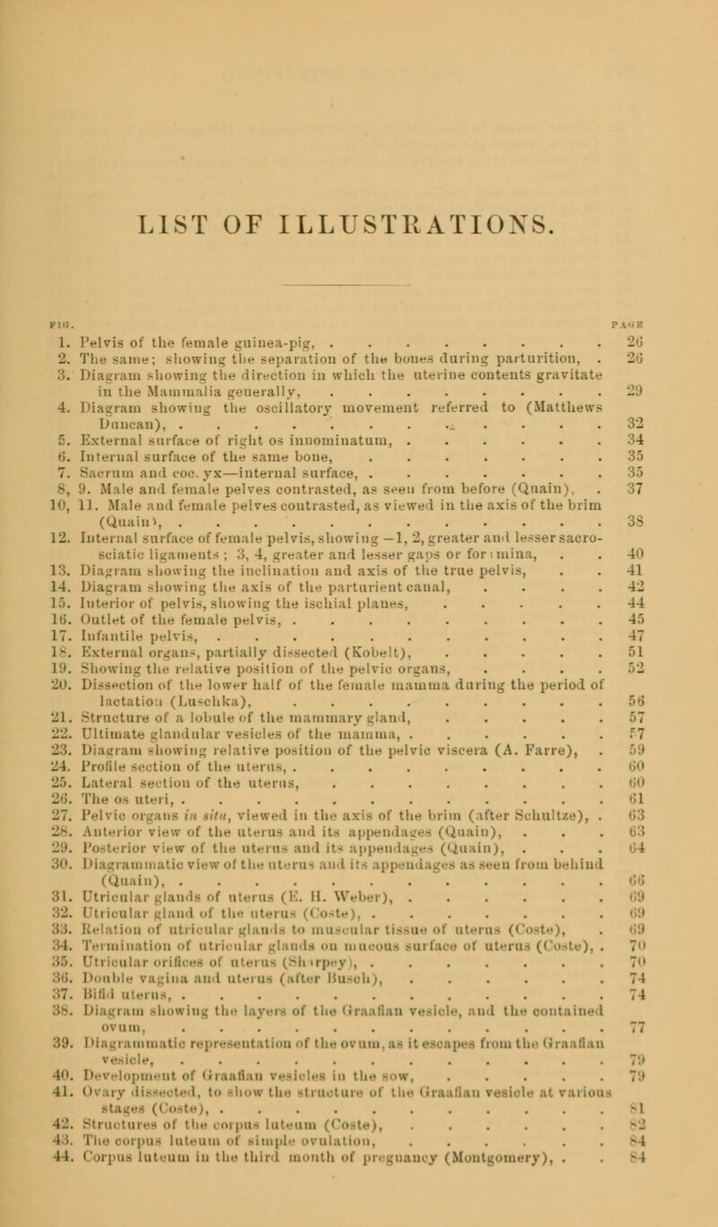 LIST OF ILLUSTRATIONS PIG. 1. 2. 3. 6. 7. B, 12. 13. 14. L5. it;. 17. 18. 19. 20. 21. ■1-1. 24. 26. 26. 27. 2-. 31. 40. 41. 42. A ;. 44. Pelvis of the female guinea-pig, ....... same; Bhowing the separation of the hones during parturition, Diagram showing the direction in which the uterine contents gravitate in the Mammalia generally. ....... Diagram Bhowing the oscillatory movement referred to (Matthew Dancan), External surface of right os innominatum, ..... Internal surface of the same hone, ...... Sacrum and coc. yx—internal surface, ...... 9. Male and female pelves contrasted, as Beeu from hefore (Quain). U . Male and female pelves contrasted, as viewed in the axis of the brim (Quain), ........... Internal surface of female pelvis, showing —1, 2, greater and lessersaoro sciatic ligaments ; :;. 4. greater ai: I fonmina, Diagram showing the inclination and axis of the true pelvis, Diagram showing the axis of the parturient canal, Interior of pelvis, showing the ischial planes, .... Outlet of the female pelvis, Infantile pelvis, .......... External organs, partially dissected (Kobelt), .... Showing the relative position of the pelvic organs, tion of the hmvr half Of the female mamma during the period of laotatiou (Lusohka), ........ Structure of a lobule of the mammary gland, .... Ultimate glandular vesicles of the mamma, ..... Diagram Bhowing relative position of the pelvic viscera (A. Parre), Profile section of the uterus, ........ Lateral BOCtioU of the uterus, ....... The os ateii, . Pelvic organs in titu, viewed in the axis of the brim (after Schultze), Anterior view of the uterus and its appendages (Qnain), rior view of the nterns and it- appeu Diagrammatic view of the uterus and its appen sen from behind (Quain), ........... Utricular glands of uterus (K. II. Weber), Qtrioular gland of the uterus (Co*te), ...... Relation of utricular glands t<> inusuular tissue of utera Termination of utricular glands on mucous surfaos of utera ilar orifices of nterns (Shirpey , . Double ragina and aterus (after Busoh), ..... liili'i u'.-i ii-. . Diagram showing the layers of the Glraafian reside, and the contains ovum. . rammatic representation of the ovum .pes from the Qraafia reside, ........... Development of Graafian resiolei In the bow, .... Ovarv dissected, to show the itracturs of the 9rs Is at rario .......... structures of the corpus luteiim (Costs), ..... The oorpufl luteum of Bimple orulation, ..... Corpus luteum in the third mouth of pregnan PA>iK 2>;