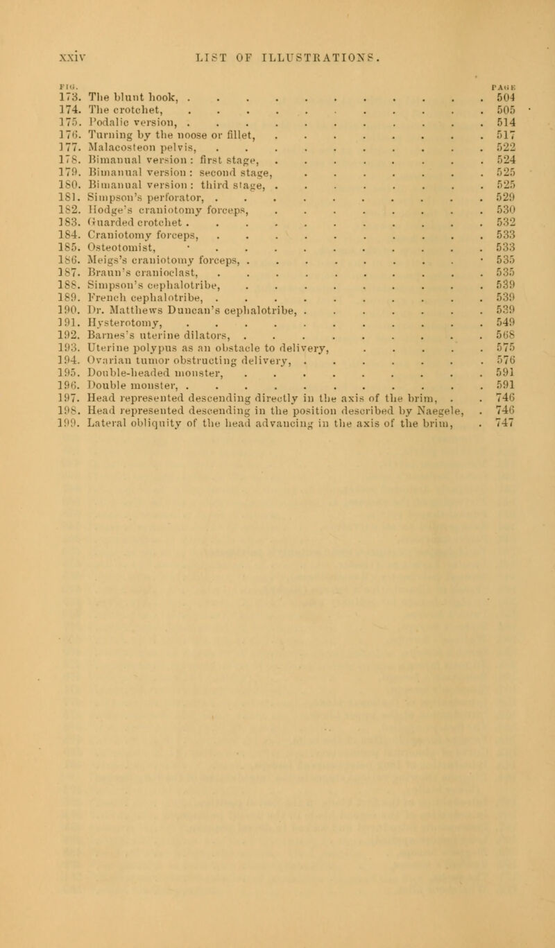 >i<;. paub 173. The blunt hook, 504 174. The crotchet, BOS 175. Podalio version, ........... 514 ]?»;. Turning by the noose or fillet, 517 177. Malacosteon pelvis, 522 178. Bimanual version: first stage, ........ 524 170. Bi in an rial version : second stage, ....... 525 180. Bimanual version: third stage, . . 525 181. Simpson's perforator, .......... 529 182. Hodge's craniotomy forceps, ........ 530 183. Guarded crotchet 532 1S4. Craniotomy forceps, 533 185. Osteotomist, • 533 186. Meigs's craniotomy forceps, ........* 535 187. Braun's cranioclast, 1S8. Simpson's cephalotribe, ......... 530 180. French cephalotribe, .......... 530 100. Dr. Matthews Duncan's cephalotribe, 530 101. Hysterotomy, 540 102. Barnes's uterine dilators, ......... 568 103. Uterine polypus as an obstacle to delivery, ..... 575 104. Ovarian tumor obstructing delivery, ...... . 576 195. Double-headed monster, ......... 591 196. Double monster, 591 107. Head represented descending directly in the axis of the brim, . . 746 198. Head represented descending in the position described by Naegele, . 746 100. Lateral obliquity of the head advancing in the axis of the brim, . 747