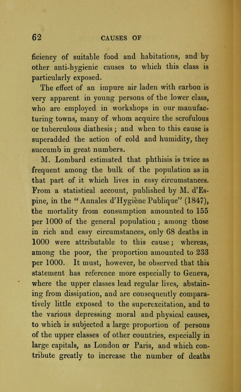 ficiency of suitable food and habitations, and by other anti-hygienic causes to which this class is particularly exposed. The effect of an impure air laden with carbon is very apparent in young persons of the lower class, who are employed in workshops in our manufac- turing towns, many of whom acquire the scrofulous or tuberculous diathesis ; and when to this cause is superadded the action of cold and humidity, they succumb in great numbers. M. Lombard estimated that phthisis is twice as frequent among the bulk of the population as in that part of it which lives in easy circumstances. From a statistical account, published by M. d'Es- pine, in the Annales d'Hygiene Publique (1847), the mortality from consumption amounted to 155 per 1000 of the general population; among those in rich and easy circumstances, only 68 deaths in 1000 were attributable to this cause; whereas, among the poor, the proportion amounted to 233 per 1000. It must, however, be observed that this statement has reference more especially to Geneva, where the upper classes lead regular lives, abstain- ing from dissipation, and are consequently compara- tively little exposed to the superexcitation, and to the various depressing moral and physical causes, to which is subjected a large proportion of persons of the upper classes of other countries, especially in large capitals, as London or Paris, and which con- tribute greatly to increase the number of deaths