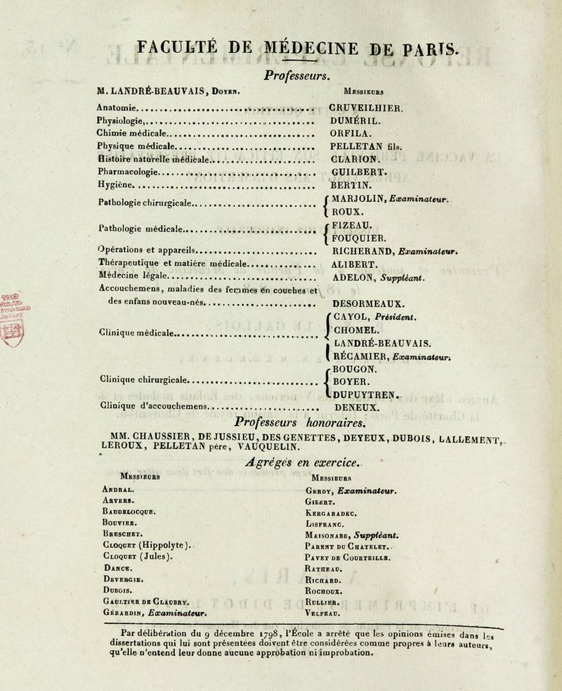 FACULTÉ DE MÉDECINE DE PARTS. i Professeurs. M. LANDRÉ-BEAUVAIS, Doyen. Messibobs Anatomie > CRUVE1LHIER. Physiologie, DUMÉR IL. Chimie médicale ORFILA. Physique médicale PELLETAN 61s. Histoire naturelle médicale CLARION. Pharmacologie »....*... GUI LBERT. Hygiène BERTIN. Pathologie chirurgicale f MARJOLIN, Examinateur. \ROUX. Pathologie médicale J FIZEAU. \ FOUQUIER. Opérations et appareils RICHER AND, Examinateur. Thérapeutique et matière médicale ALIBERT. Médecine légale ADELON, Suppléant. Accouchemens, maladies des femmes en couches et des enfans nouveau-nés DESORMEAUX. /CAYOL, Président. Clinique médicale I CHOMEL. • LANDRÉ-BEAUVAIS. ( RÉCAMIER, Examinateur. {BOUGON. BOYER. DUPUYTREN. Clinique d'accouchemens DENEUX. Professeurs honoraires. MM. CHAUSSIER, DE JUSSIEU, DES GENETTES, DEYEUX, DUBOIS. LALLEMEiVT LEROUX, PELLETAN père, VAUQUELIN. Wr Agrégés en exercice. Messibobs Messibobs Akdrai.. Gkbdy, Examinateur. Abveb». Gibebt. Babdeiocqcb. Kebgabadec. BoOVIEB. LlSFBAHC Bbeschei. Maisohabe, Suppléant. Cloqoet (Hippolyte).. Pabeht ddChaiblet.. Cloqobt (Jules). Pavet de Coobtbiilb. Dahce. Rathbao. Dkvebcie. Ricrabd. Ddbois. Rochoox. Gaultieb dbCiacbby. Rollieb. (jhbardin. Examinateur. Velpbao. Par délibération du 9 décembre 1798, l'École a arrêté que les opinions émises dans 1«» dissertations qui lui sont présentées doivent être considérées comme propres à l^ars auteurs qu'elle n'entend leur donne aucune approbation ni improbation.