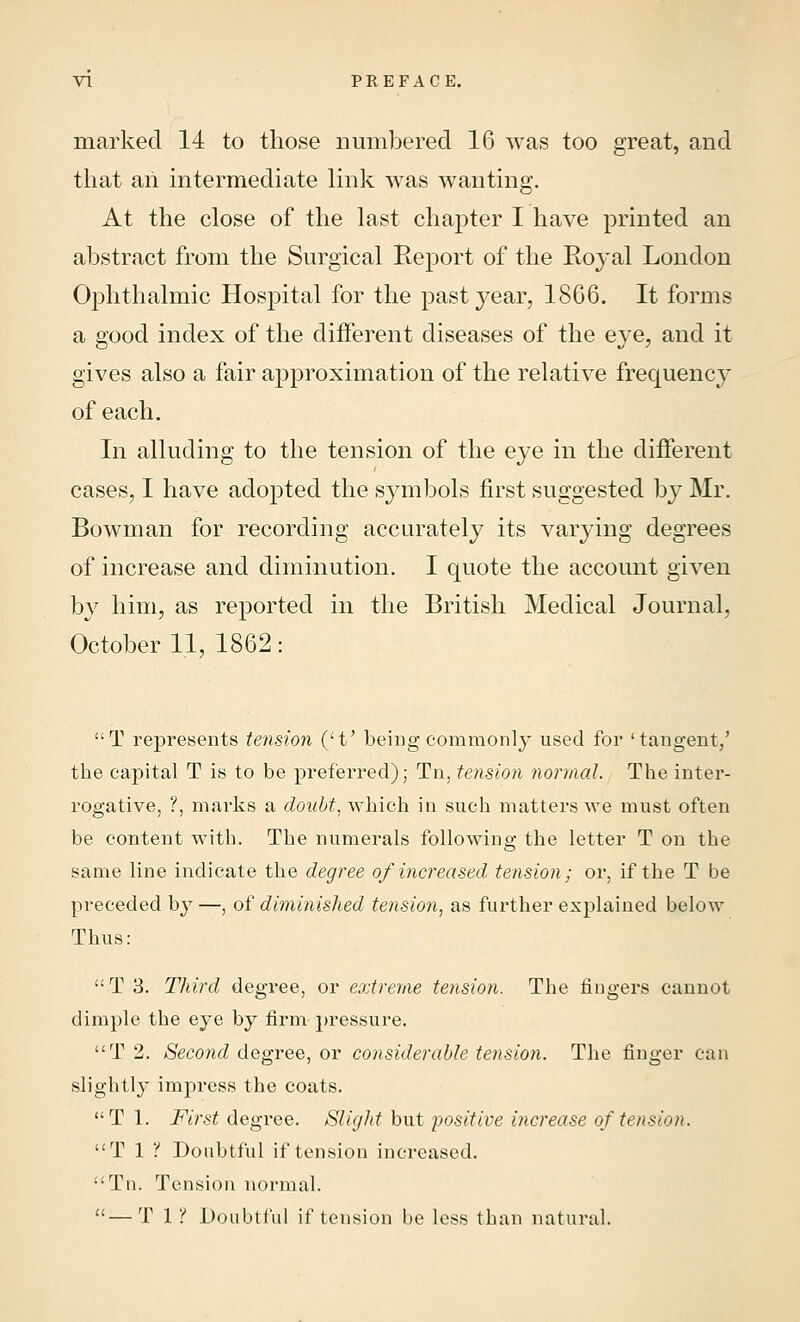 marked 14 to those numbered 16 was too great, and that ari intermediate link was wanting. At the close of the last chapter I have printed an abstract from the Surgical Report of the Royal London Ophthalmic Hospital for the past year, 18G6. It forms a good index of the different diseases of the eye, and it gives also a fair approximation of the relative frequency of each. In alluding to the tension of the eye in the different cases, I have adopted the symbols first suggested by Mr. Bowman for recording accurately its varying degrees of increase and diminution. I quote the account given by him, as reported in the British Medical Journal, October 11, 1862: T represents tension ('t' being commonly used for 'tangent,' the capital T is to be preferred); Tn, tension normal. The inter- rogative, ?, marks a doubt., which in such matters we must often be content with. The numerals following the letter T on the same line indicate the degree of increased tension; or, if the T be preceded by —, of diminished tension, as further explained below Thus: T 3. Third degree, or extreme tension. The ringers cannot dimple the eye by firm pressure. T 2. Second degree, or considerable tension. The finger can slightly impress the coats. T 1. First degree. Slight but positive increase of tension. T 1 ? Doubtful if tension increased. Tn. Tension normal. —T 1? Doubtful if tension be less than natural.