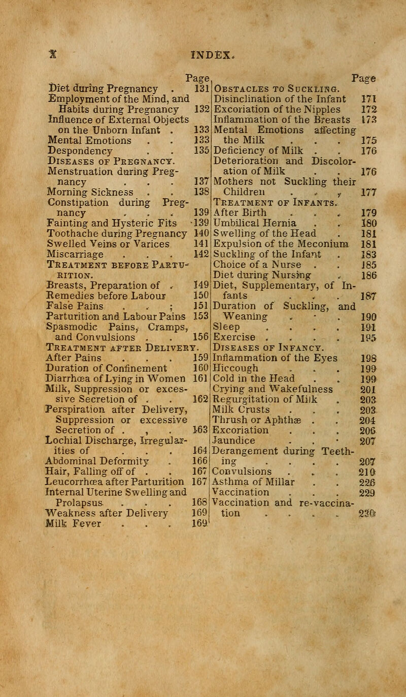 Diet daring Pregnancy . Employment of the Mind, and Habits during Pregnancy 132 Influence of External Objects on the Unborn Infant . 133 Mental Emotions . . 133 Despondency . . 135 Diseases of Peegnancy Menstruation during Preg nancy . . . 137 Morning Sickness . . 138 Constipation during Pre nancy . . . 139 Fainting and Hysteric Fits -139 Toothache during Pregnancy 140 Swelled Veins or Varices 141 Miscarriage . . . 142 Treatment before Partu- rition. Breasts, Preparation of . 149 Remedies before Labour 150 False Pains . . ; 151 Parturition and Labour Pains 153 Spasmodic Pains, Cramps, and Convulsions . . 156 Treatment after Delivery. After Pains ... 159 Duration of Confinement 160 Diarrhoea of Lying in Women 161 Milk, Suppression or exces- sive Secretion of . . 162 Perspiration after Delivery, Suppression or excessive Secretion of . , . 163 Lochial Discharge, Irregular- ities of ... 164 Abdominal Deformity . 166 Hair, Falling off of . . 167 Leucorrhcea after Parturition 167 Internal Uterine Swelling and Prolapsus . . . 168 Weakness after Delivery 169 Milk Fever . . . 169. Page Oestacles to Suckling. Disinclination of the Infant 171 Excoriation of the Nipples 172 Inflammation of the Breasts 173 Mental Emotions affecting the Milk ... 175 Deficiency of Milk . . 176 Deterioration and Discolor- ation of Milk . . 176 Mothers not Suckling their Children f 177 Treatment of Infants. After Birth ... 179 Umbilical Hernia . . 180 Swelling of the Head . 181 Expulsion of the Meconium 181 Suckling of the Infant . 183 Choice of a Nurse . . J85 Diet during Nursing . 186 Diet, Supplementary, of In- fants . , . 187 Duration of Suckling, and Weaning « • . 190 Sleep .... 191 Exercise .... 195 Diseases of Infancy. Inflammation of the Eyes 198 Hiccough . . . 199 Cold in the Head . . 199 Crying and Wakefulness 201 Regurgitation of Milk . 203 Milk Crusts . . . 203 Thrush or Aphtha? . . 204 Excoriation . . . 206 Jaundice . . • 207 Derangement during Teeth- ing .... 207 Convulsions . . . 210 Asthma of Millar . . 226 Vaccination . . . 229 Vaccination and re-vaccina- tion .... 230