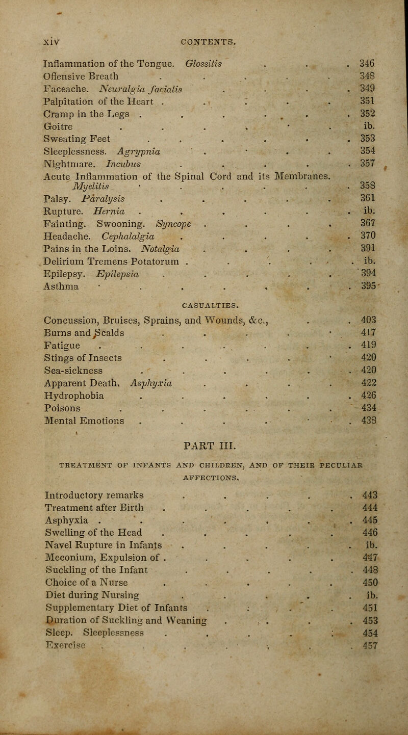 Inflammation of the Tongue. Glossitis Offensive Breath Faceache. Neuralgia facialis Palpitation of the Heart . Cramp in the Legs . . . . . Goitre . Sweating Feet ..... Sleeplessness. Agrypnia ' . Nightmare. Incubus . . . Acute Inflammation of the Spinal Cord and its Membranes Myelitis • Palsy. Paralysis .... Rupture. Hernia ..... Fainting. Swooning. Syncope . . . Headache. Cephalalgia .... Pains in the Loins. Notalgia Delirium Tremens Potatorum . . \ Epilepsy. Epilepsia .... Asthma *..... 346 348 349 351 352 ib. 353 354 357 358 361 ib. 367 370 391 ib. '394 395- CASUALTIES. Concussion, Bruises, Sprains, and Wounds, &c, Burns and,Scalds Fatigue . Stings of Insects Sea-sickness . . Apparent Death, Asphyxia Hydrophobia . Poisons Mental Emotions . 403 417 419 420 420 422 426 434 438 PART III. TREATMENT OF INFANTS AND CHILDREN, AND OF THEIR PECULIAR AFFECTIONS, Introductory remarks . 443 Treatment after Birth 444 Asphyxia . . 445 Swelling of the Head 446 Navel Rupture in Infants . ib. Meconium, Expulsion of . 447 Suckling of the Infant . 448 Choice of a Nurse 450 Diet during Nursing . ib. Supplementary Diet of Infants . \ 451 Duration of Suckling and Weaning . . . . 453 Sleep. Sleeplessness : 454 Exercise , . - . 457