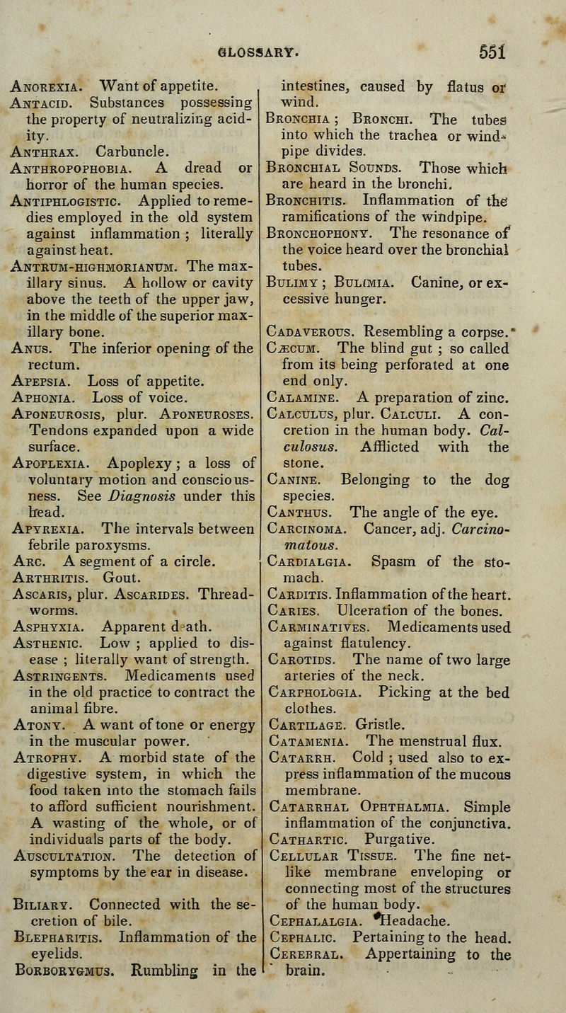 Anorexia. Want of appetite. Antacid. Substances possessing the property of neutralizing acid- ity. Anthrax. Carbuncle. Anthropophobia. A dread or horror of the human species. Antiphlogistic. Applied to reme- dies employed in the old system against inflammation ; literally against heat. Antrum-highmorianum. The max- illary sinus. A hollow or cavity above the teeth of the upper jaw, in the middle of the superior max- illary bone. Anus. The inferior opening of the rectum. Apepsia. Loss of appetite. Aphonia. Loss of voice. Aponeurosis, plur. Aponeuroses. Tendons expanded upon a wide surface. Apoplexia. Apoplexy ; a loss of voluntary motion and conscious- ness. See Diagnosis under this head. Apyrexia. The intervals between febrile paroxysms. Arc A segment of a circle. Arthritis. Gout. Ascaris, plur. Ascarides. Thread- worms. Asphyxia. Apparent djath. Asthenic Low ; applied to dis- ease ; literally want of strength. Astringents. Medicaments used in the old practice to contract the animal fibre. Atony. A want of tone or energy in the muscular power. Atrophy. A morbid state of the digestive system, in which the food taken into the stomach fails to afford sufficient nourishment. A wasting of the whole, or of individuals parts of the body. Auscultation. The detection of symptoms by the ear in disease. Biliary. Connected with the se- cretion of bile. Blepharitis. Inflammation of the eyelids. Borborygmus. Rumbling in the intestines, caused by flatus or wind. Bronchia ; Bronchi. The tubes into which the trachea or wind- pipe divides. Bronchial Sounds. Those which are heard in the bronchi. Bronchitis. Inflammation of the ramifications of the windpipe. Bronchophony. The resonance of* the voice heard over the bronchial tubes. Bulimy ; Bulimia. Canine, or ex- cessive hunger. Cadaverous. Resembling a corpse.* Cecum. The blind gut ; so called from its being perforated at one end only. Calamine. A preparation of zinc. Calculus, plur. Calculi. A con- cretion in the human body. Cal- culosus. Afflicted with the stone. Canine. Belonging to the dog species. Canthus. The angle of the eye. Carcinoma. Cancer, adj. Carcino- matous. Cardialgia. Spasm of the sto- mach. Carditis. Inflammation of the heart. Caries. Ulceration of the bones. Carminatives. Medicaments used against flatulency. Carotids. The name of two large arteries of the neck. Carfhologia. Picking at the bed clothes. Cartilage. Gristle. Catamenia. The menstrual flux. Catarrh. Cold ; used also to ex- press inflammation of the mucous membrane. Catarrhal Ophthalmia. Simple inflammation of the conjunctiva. Cathartic Purgative. Cellular Tissue. The fine net- like membrane enveloping or connecting most of the structures of the human body. Cephalalgia. *Headache. Cephalic Pertaining to the head. Cerebral. Appertaining to the brain.