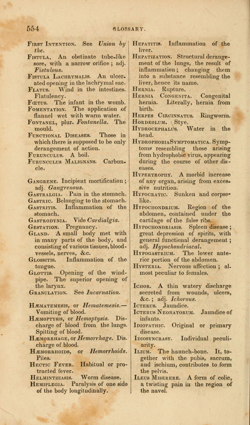 First Intention. See Union by the. Fistula. An obstinate tube-like sore, with a narrow orifice ; adj. Fistulous. Fistula Lachrymalis. An ulcer- ated opening in the lachrymal sac Flatus. Wind in the intestines. Flatulency. Fcetus. The infant in the womb. Fomentation. The application of flannel wet with warm water. Fontanel, plur. Fontanella. The mould. Functional Diseases. Those in which there is supposed to be only derangement of action. Furunculus. A boil. Furunculus Malignans. Carbun- cle. Gangrene. Incipient mortification; adj. Gangrenous. Gastralgia. Pain in the stomach. Gastric. Belonging to the stomach. Gastritis. Inflammation of the stomach. Gastrodynia. Vide Cardialgia. Gestation. Pregnancy. Gland. A small body met with in many parts of the body, and consisting of various tissues, blood- vessels, nerves, &c. Glossitis. Inflammation of the tongue. Glottis. Opening of the wind- pipe. The superior opening of the larynx. Granulation. See Incarnation. HjEmatemesis, or Hematemesis.— Vomiting of blood. HiEMOPTYSis, or Hemoptysis. Dis- charge of blood from the lungs. Spitting of blood. Haemorrhage, or Hemorrhage. Dis- charge of blood. Hemorrhoids, or Hemorrhoids. Piles. Hectic Fever. Habitual or pro- tracted fever. Helminthiasis. Worm disease. Hemiplegia. Paralysis of one side of the body longitudinally. Hepatitis. Inflammation of the liver. Hepatization. Structural derange- ment of the lungs, the result of inflammation; changing them into a substance resembling the liver, hence its name. Hernia. Rupture. Hernia Congenita. Congenital hernia. Literally, hernia from birth. Herpes Circinnatus. Ringworm. Hordeolum. Stye. Hydrocephalus. Water in the head. HydrophobiaSymptomatica. Symp- toms resembling those arising from hydrophobic virus, appearing during the course of other dis- eases. Hypertrophy. A morbid increase of any organ, arising from exces- sive nutrition. Hypocratic Sunken and corpse- like. Hypochondrium. Region of the abdomen, contained under the cartilage of the false ribs. Hypochondriasis. Spleen disease; great depression of spirits, with general functional derangement; adj. Hypochondriacal. Hypogastrium. The lower ante- rior portion of the abdomen. Hysteria. Nervous affection ; al- most peculiar to females. Ichor. A thin watery discharge secreted from wounds, ulcers, &c; adj. Ichorous. Icterus. Jaundice. Icterus Neonatorum. Jaundice of infants. Idiopathic Original or primary disease. Idiosyncrasy. Individual peculi- arity. Ilium. The haunch-bone. It, to- gether with the pubis, sacrum, and ischium, contributes to form the pelvis. Ileus Miserere. A form of colic, a twisting pain in the region of the navel.